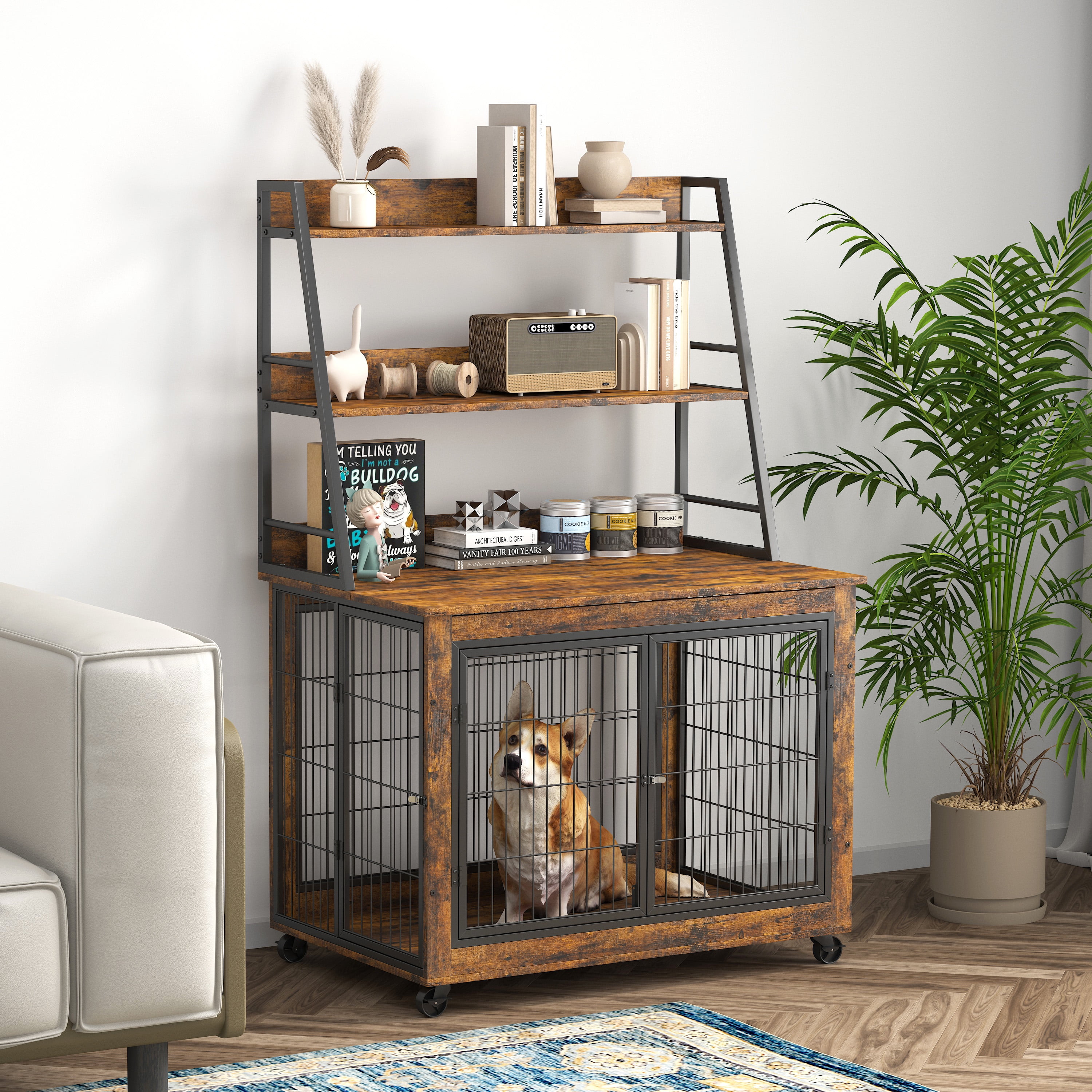 Furniture Style Dog Crate Side Table With Shelves, Equipped With Double Doors And A Raised Roof, Rustic Brown, 38.58 ''w x 25.5 ''d x 57 ''h