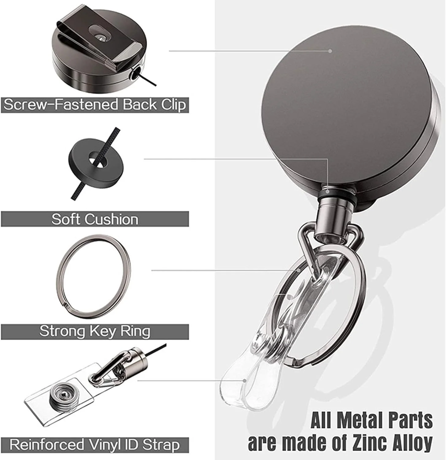 2023 2pcs Retractable Belt Clip Upgrade Retractable Badge Carabiner Key Chain with Extendable Strong Spring Lanyard Reel and Metal Split Ring