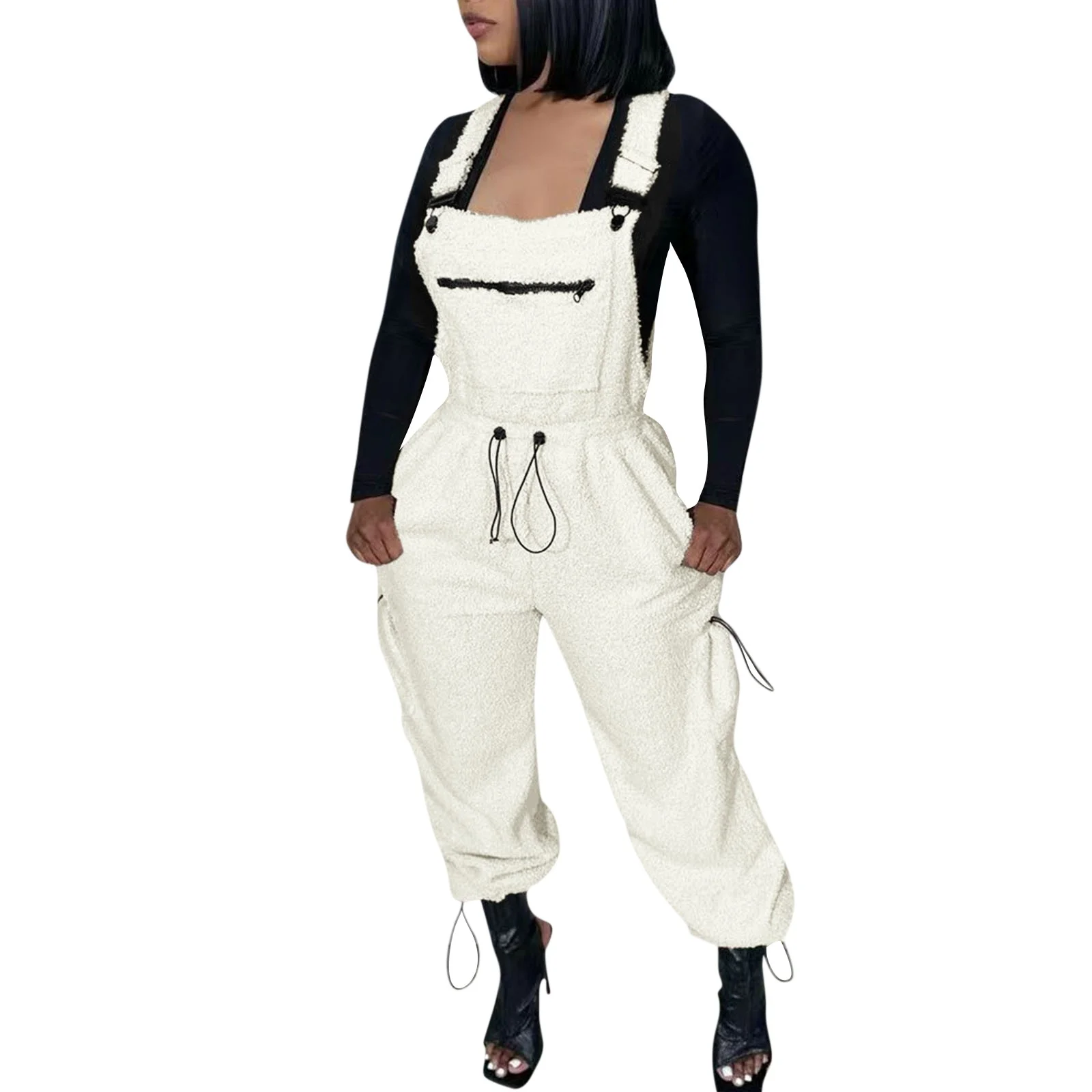 HHeiK Warm Fleece Overalls for Women One-piece Bibs Jumpsuits Warm Fuzzy Ski Pants with Multiple pockets