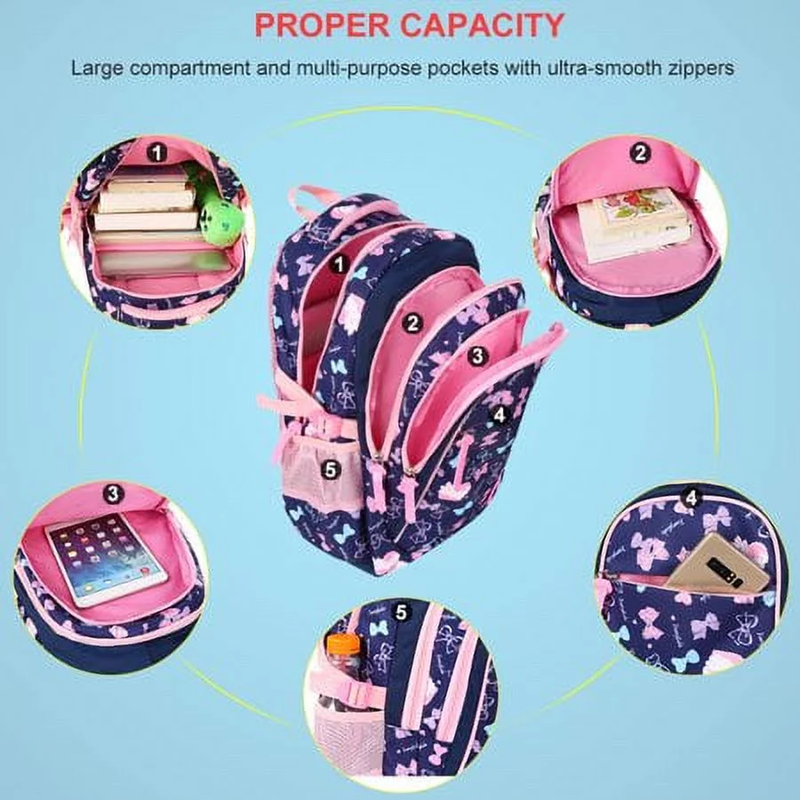 Asge 3 in 1 Backpack for Girls, Adorable School Book Bag Set Large Capacity Travel Backpack