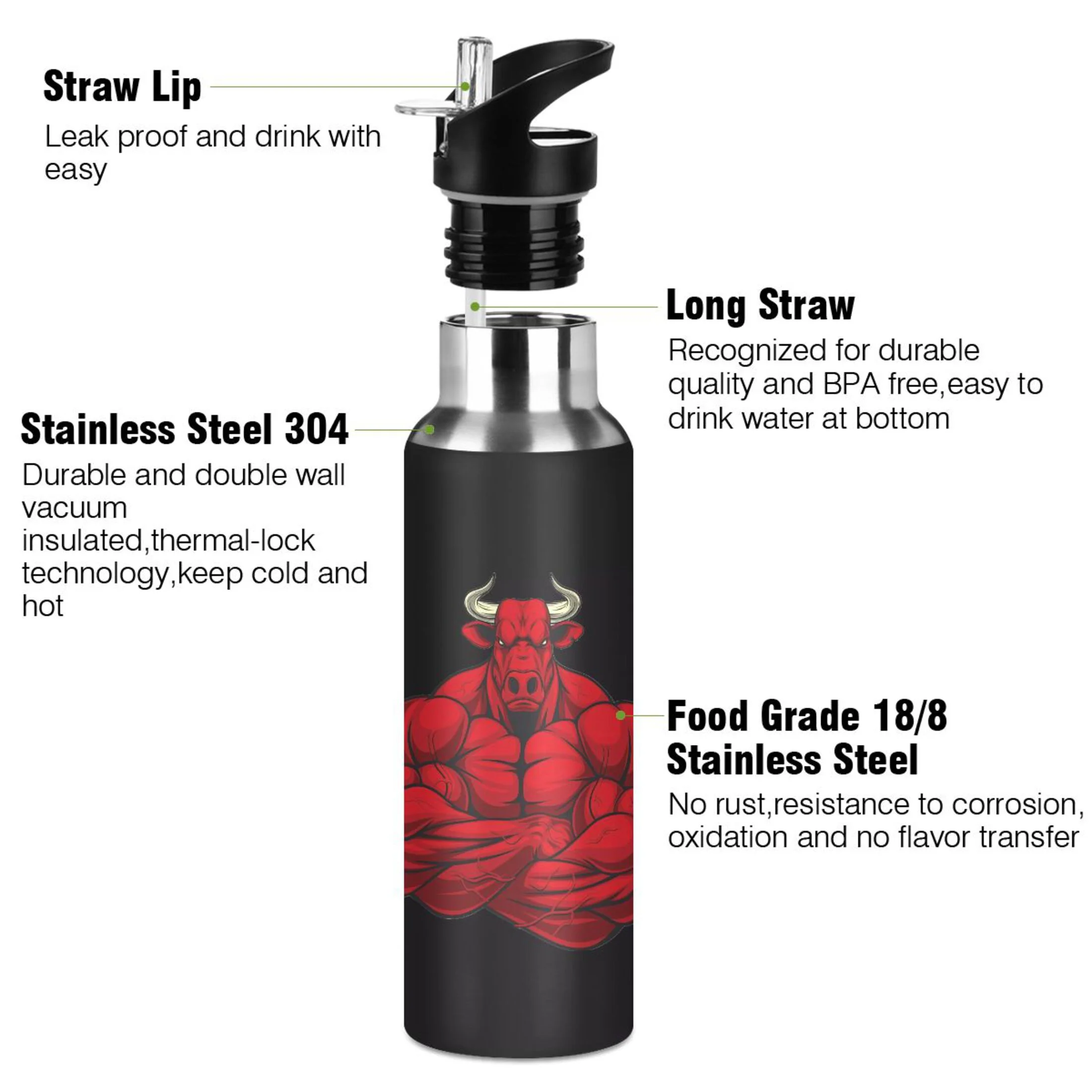 Water Bottle with Straw Lid Leak Bull Stainless Steel Insulated Thermos Vacuum Flask for Cold Hot Drinking for Sports Camping Gym Yoga