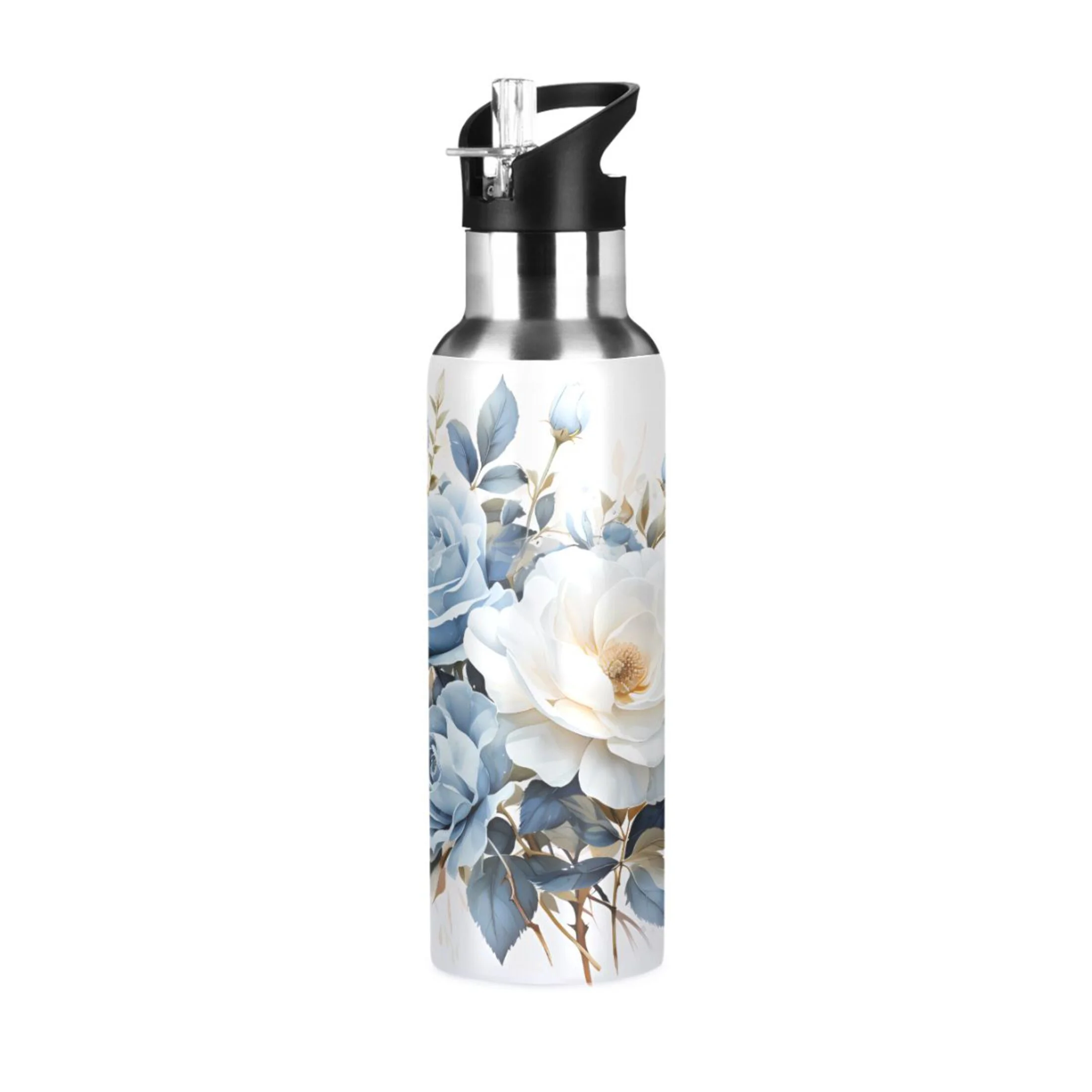 Water Bottle with Straw Lid Leak Flowers with Blue Stainless Steel Insulated Thermos Vacuum Flask for Cold Hot Drinking for Sports Camping Gym Yoga