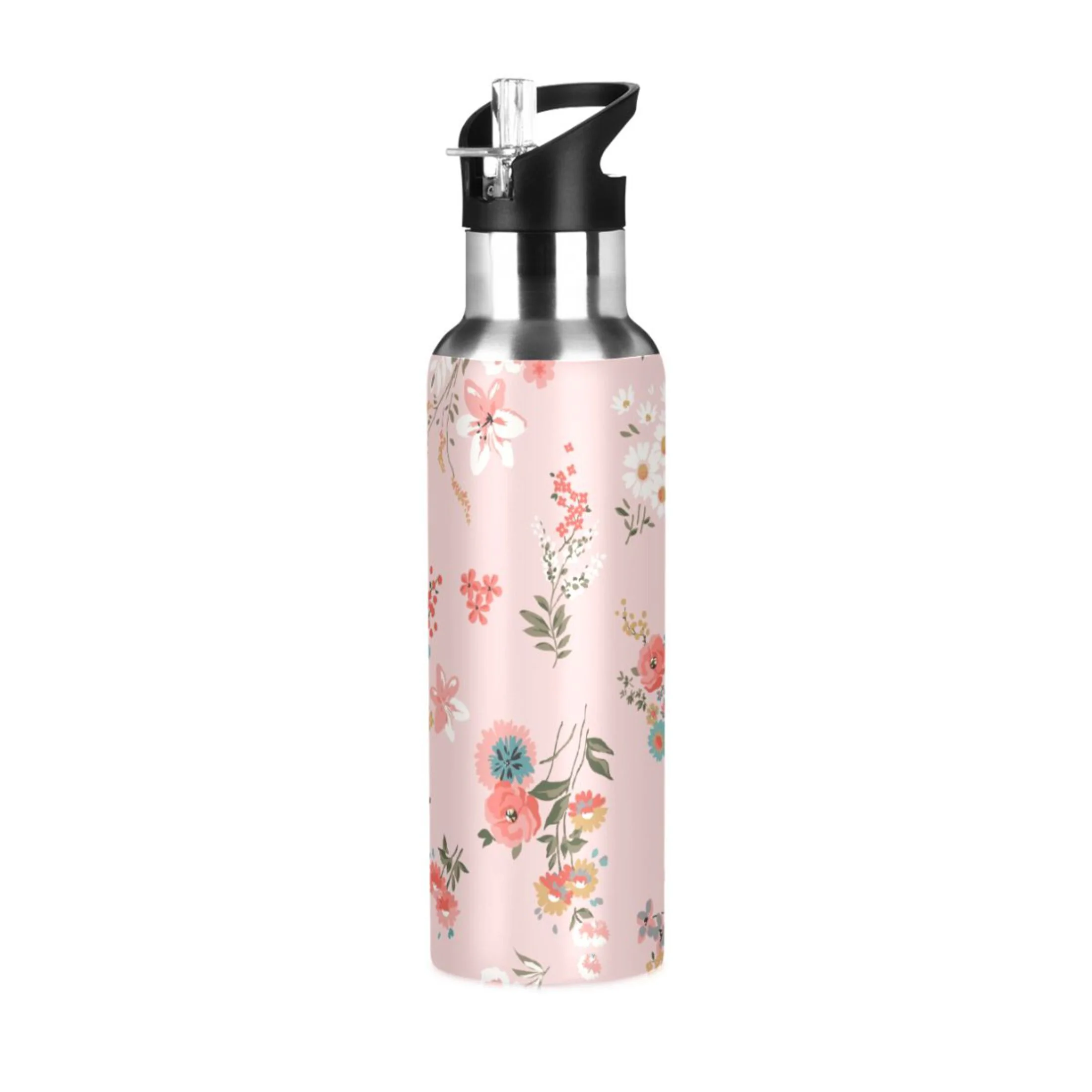 Water Bottle with Straw Lid Leak Pink Flowers Floral Colorful Stainless Steel Insulated Thermos Vacuum Flask for Cold Hot Drinking for Sports Camping Gym Yoga