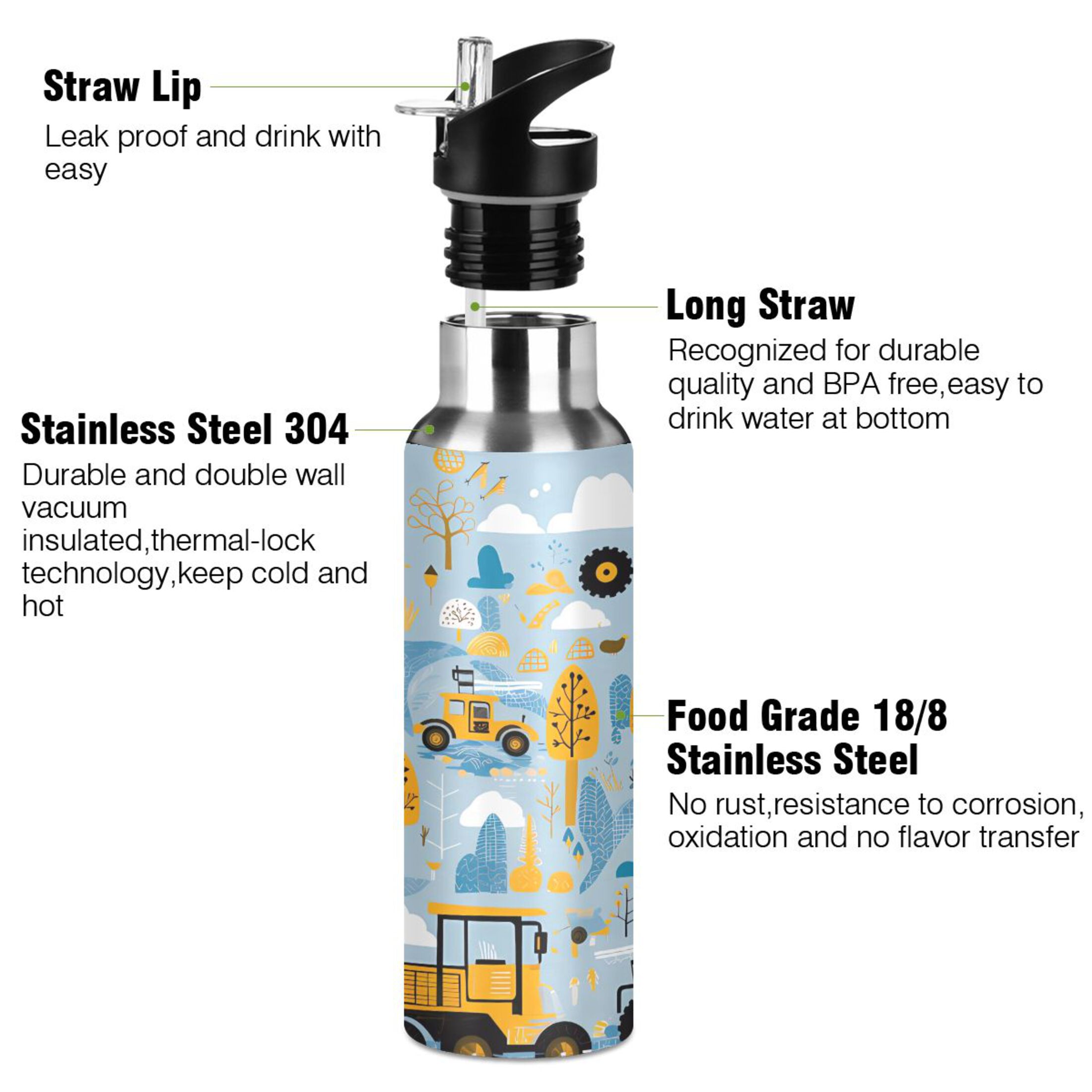 Water Bottle with Straw Lid Leak Cartoon Truck Excavator Stainless Steel Insulated Thermos Vacuum Flask for Cold Hot Drinking for Sports Camping Gym Yoga