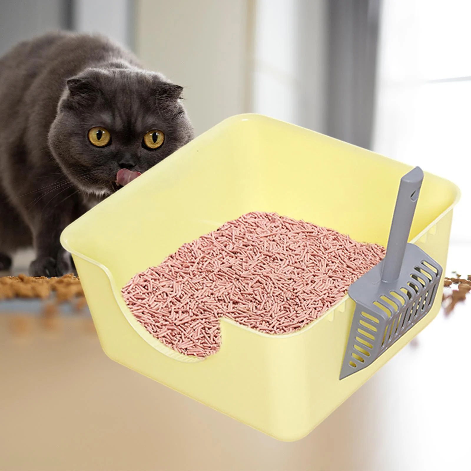 DOLITY Open Litter Box Kitty Litter Pan Durable Easy to Cleaning U Shape Lowered Front yellow
