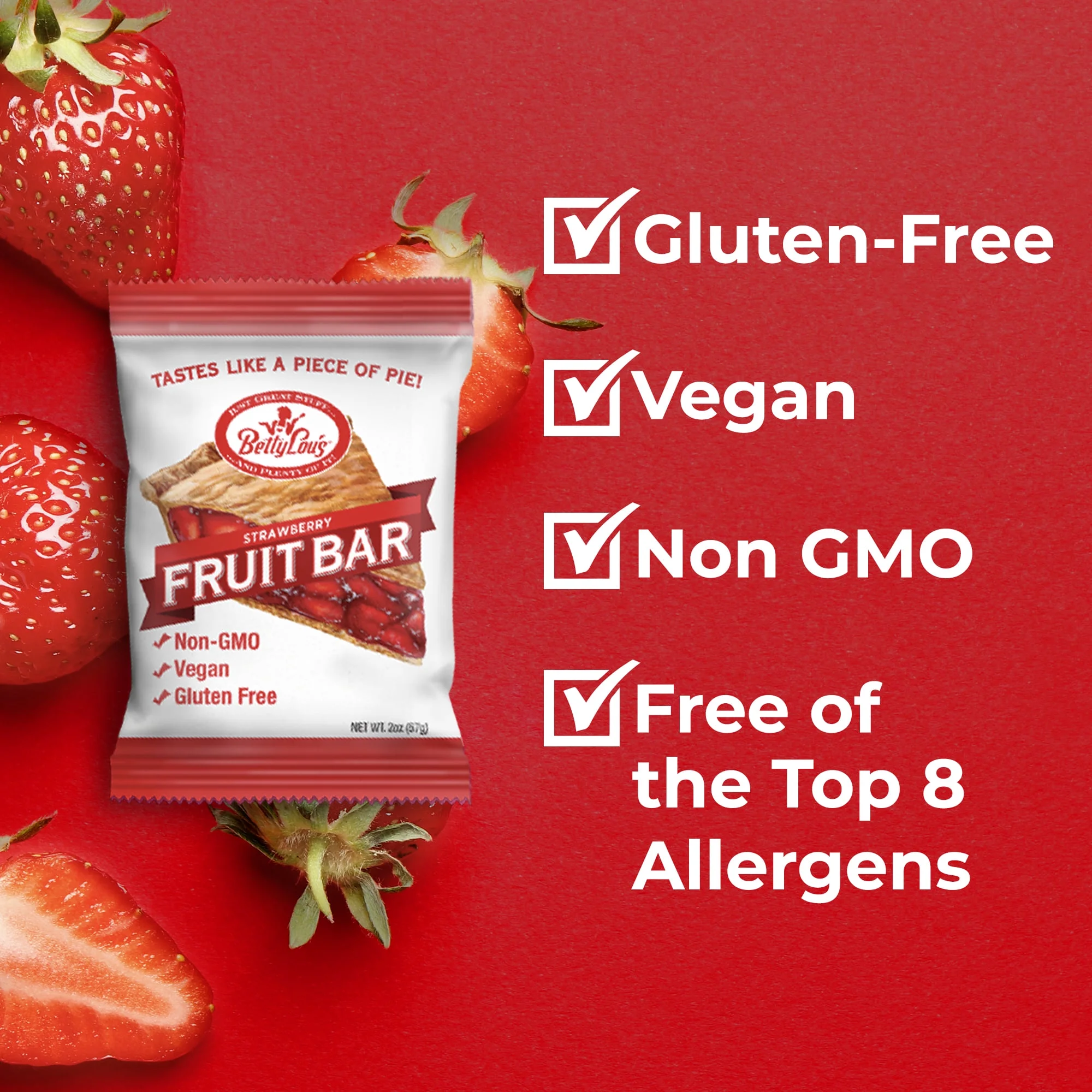 Betty Lou's Strawberry Fruit Bars, Vegan, Gluten Free Snack Bars 12 Ct.