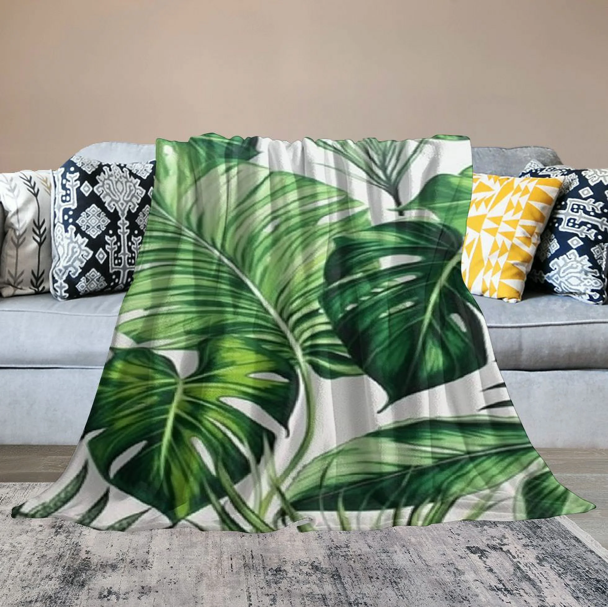 JEUXUS  Palm Leaves Throw Blanket Green Hawaiian Blanket All Season,Monstera Banana Leaves Fuzzy Blanket Living Room Decor,Summer Tropical Leaves Plush Blanket Lightweight Warm