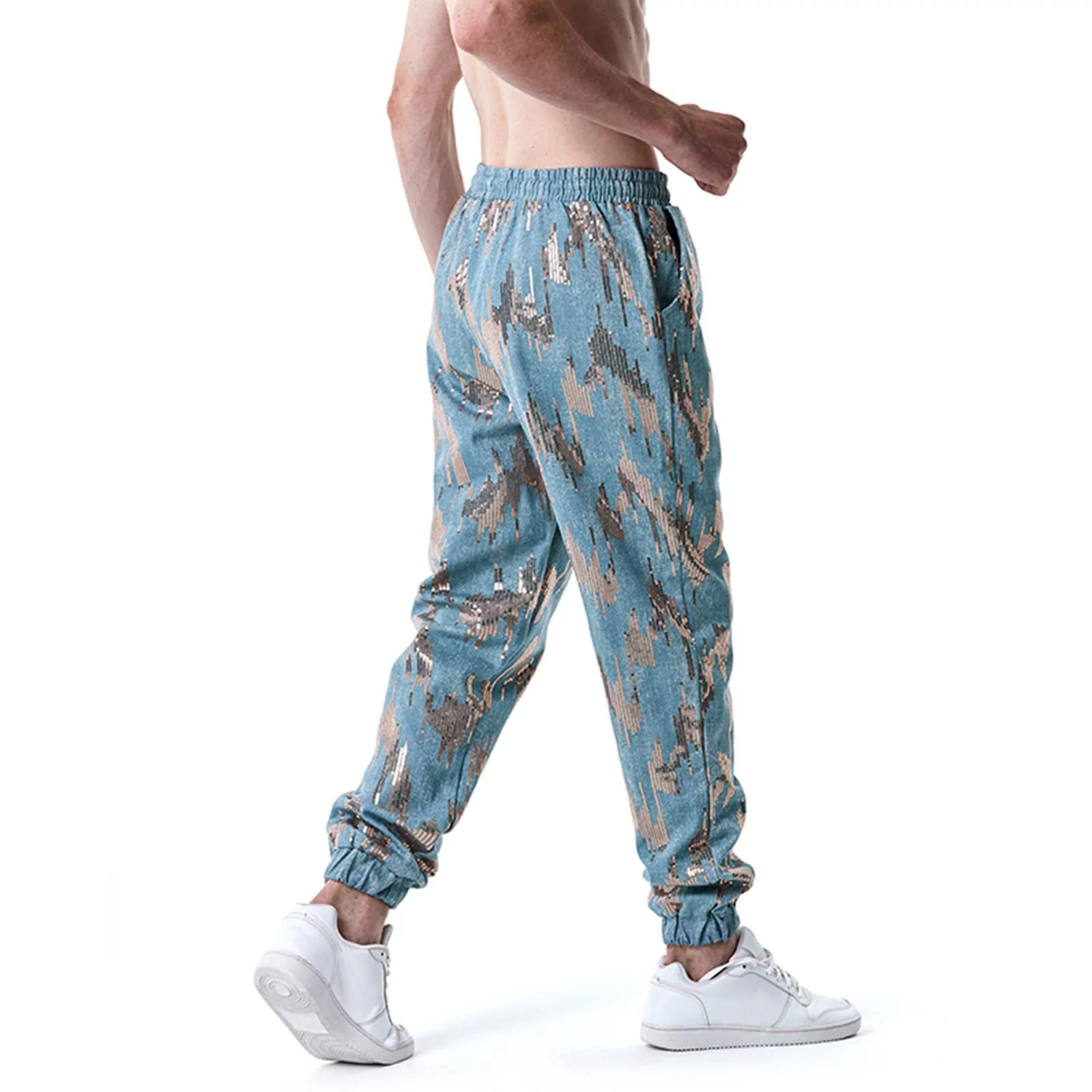 Mens Loose Sequins Leggings Youth Fashion Casual Dance Party Leggings Pants Sweatpants Blue M