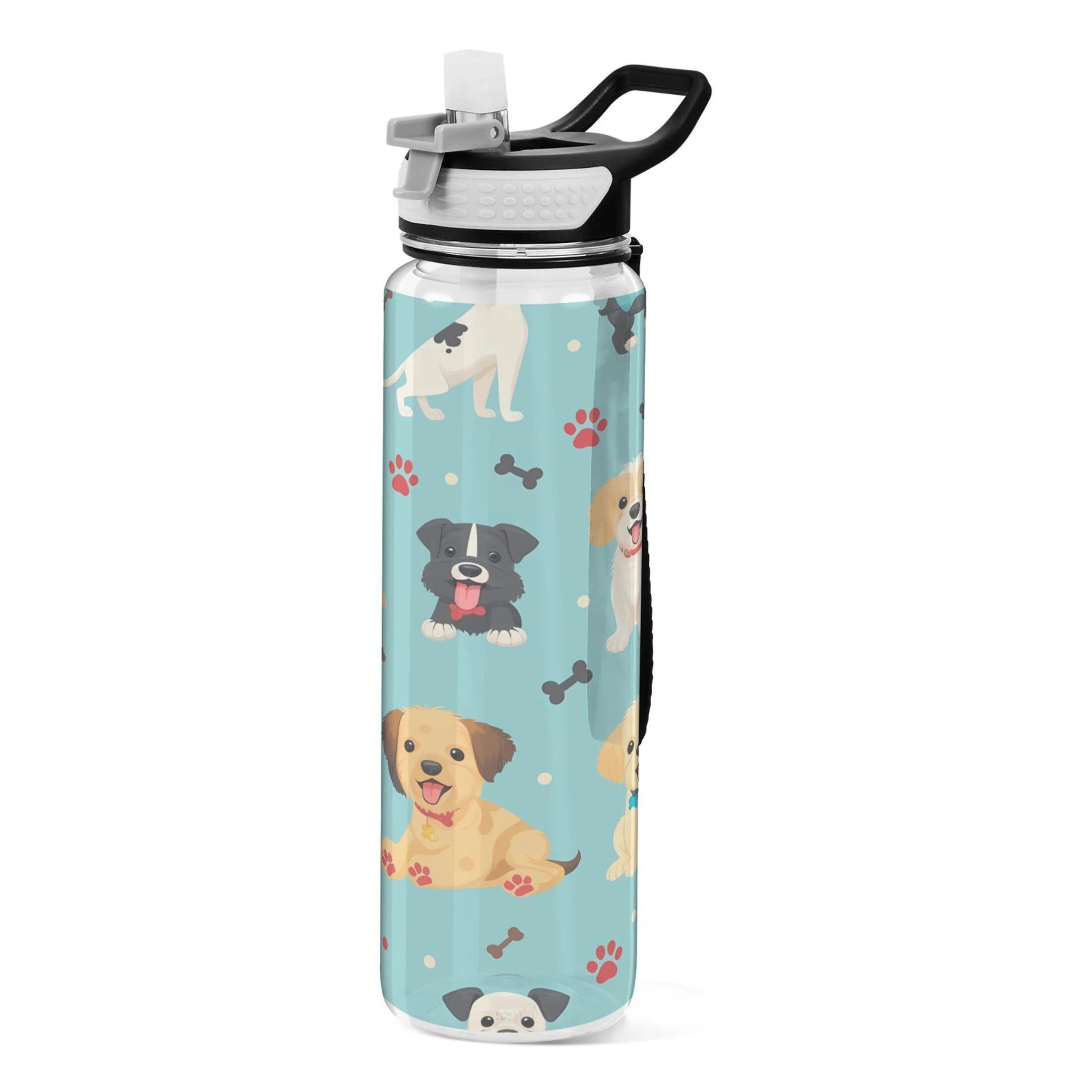 Cute Cartoon Dogs Paws Bones 32oz Sports Water Bottles Leakproof Tritan Bottle with Straw BPA Free Clear Bottle for Fitness Gym Outdoor Cycling