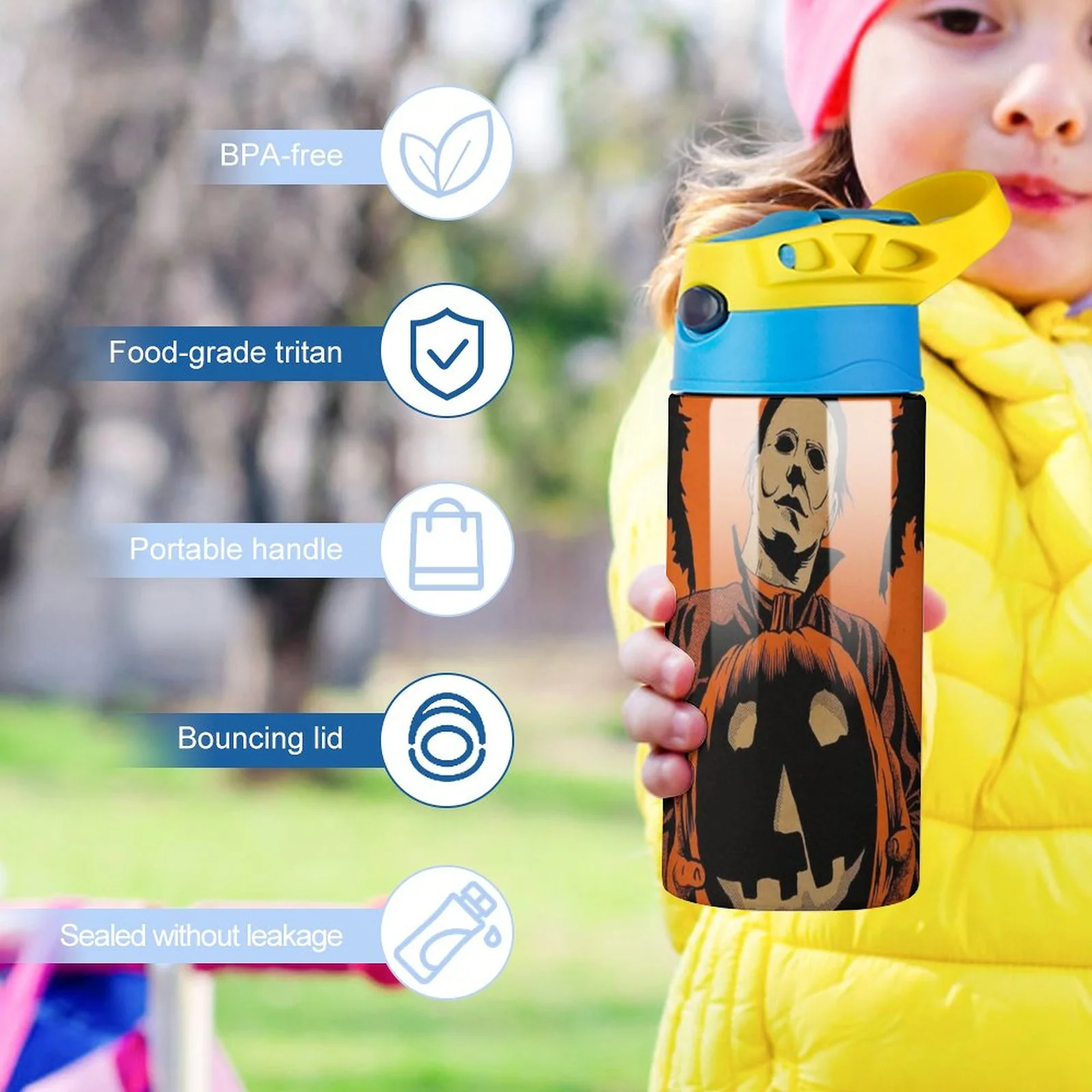 Michael Myers Pumpkin Kid's Insulated Water Bottle With Straw Vacuum Stainless Steel Cup Leak-Proof Children Toddler Thermoses