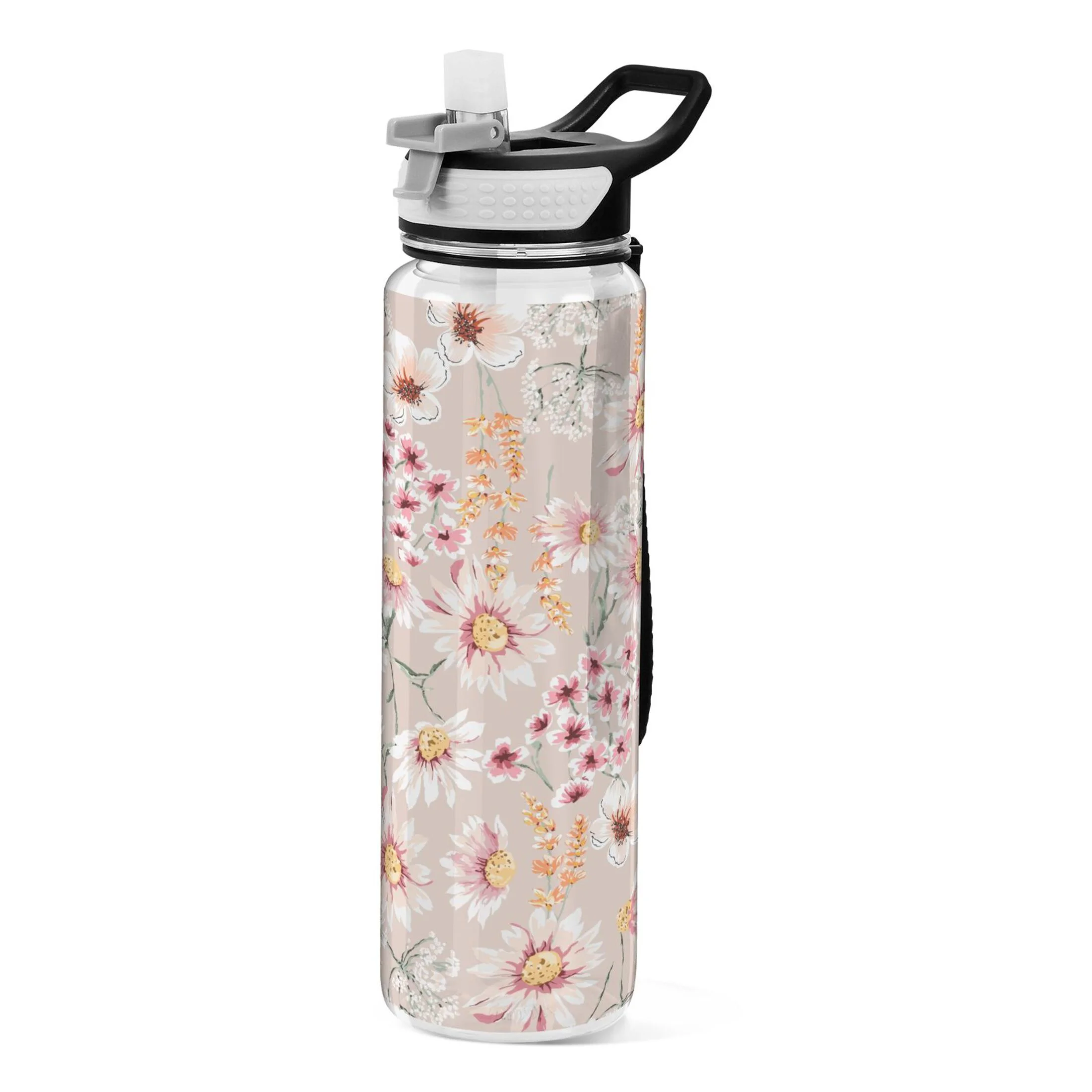 Small Daisy Sunflower Pink Floral 32oz Water Bottles with Straw Tritan Leakproof Sports Bottle BPA Free Clear for Fitness Gym Swimming Cycling
