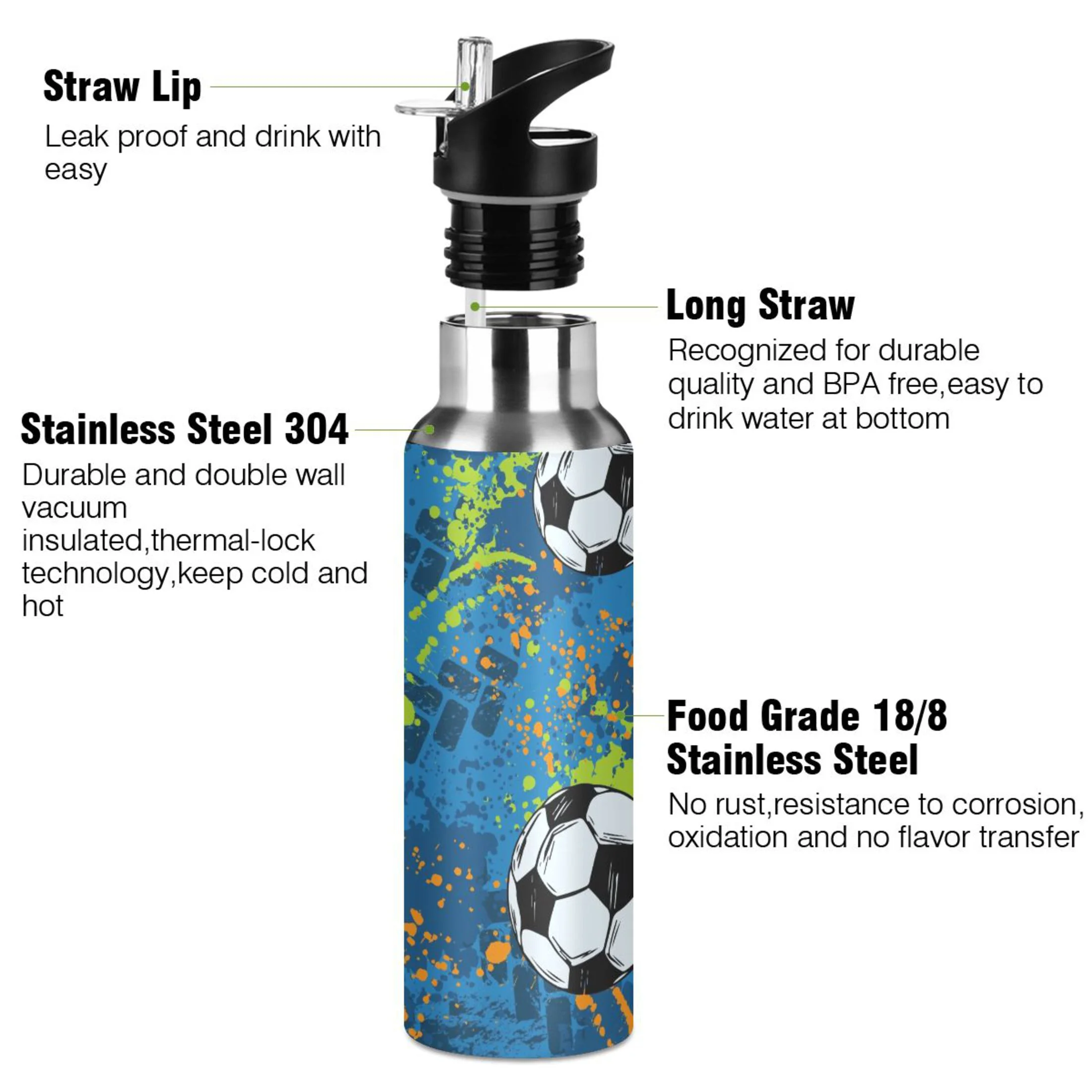 Water Bottle with Straw Lid Leak Football Color Graffiti Stainless Steel Insulated Thermos Vacuum Flask for Cold Hot Drinking for Sports Camping Gym Yoga