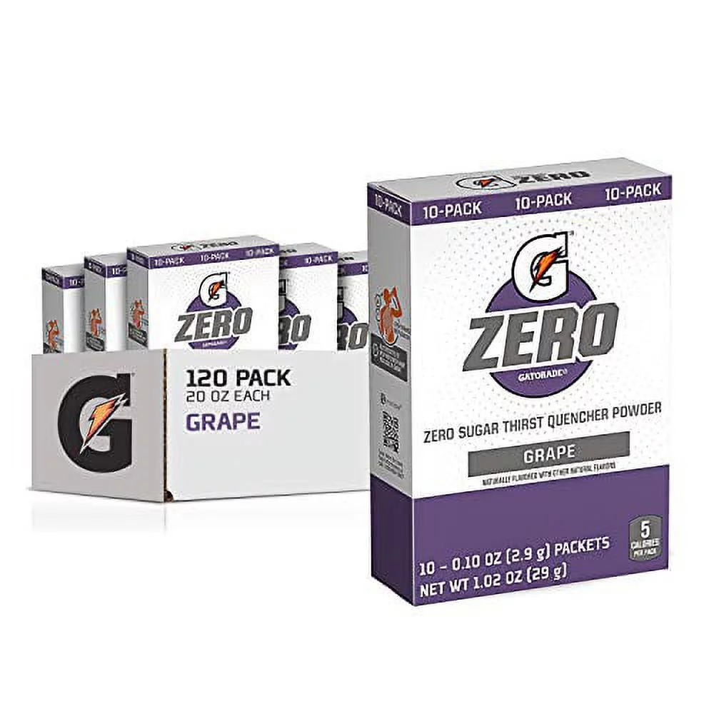 Gatorade G Zero Sport Powder Drink Mix, Grape, 0.10oz Packets, Makes 20 ounces (120 Pack)