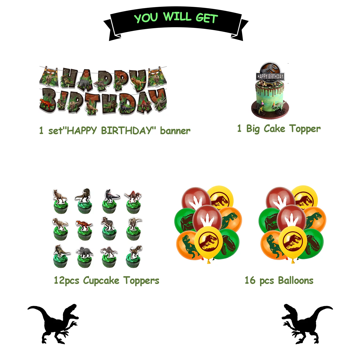 Dinosaur Birthday Party Supplies Jurassic Theme Birthday Banner, Balloons, Cake Toppers, Cupcake Toppers Dinosaur Party Decorations for Kids' Party Supplies Party Favor