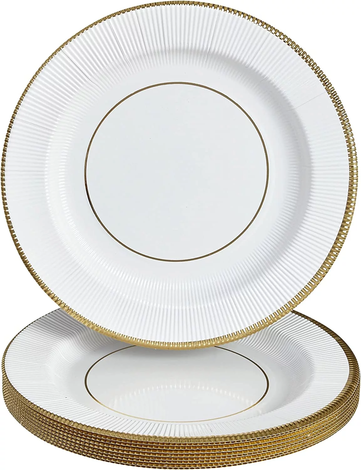 Silver Spoons DISPOSABLE ROUND RIPPLED RIM CHARGER PLATES - 10 PC - Gold/White