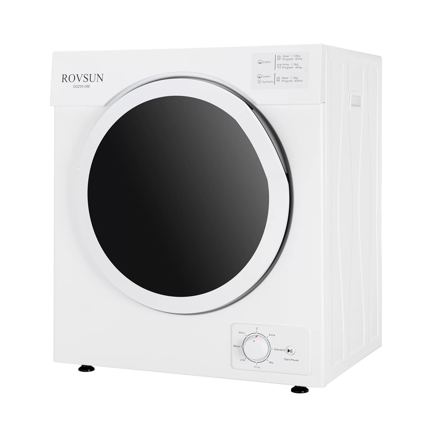 ROVSUN 13LBS Portable Clothes Dryer, 3.2 Cu. Ft Tumble Laundry Dryer Machine with Stainless Steel Tub, Easy Control Knob, 7 Drying Modes-1500W, White