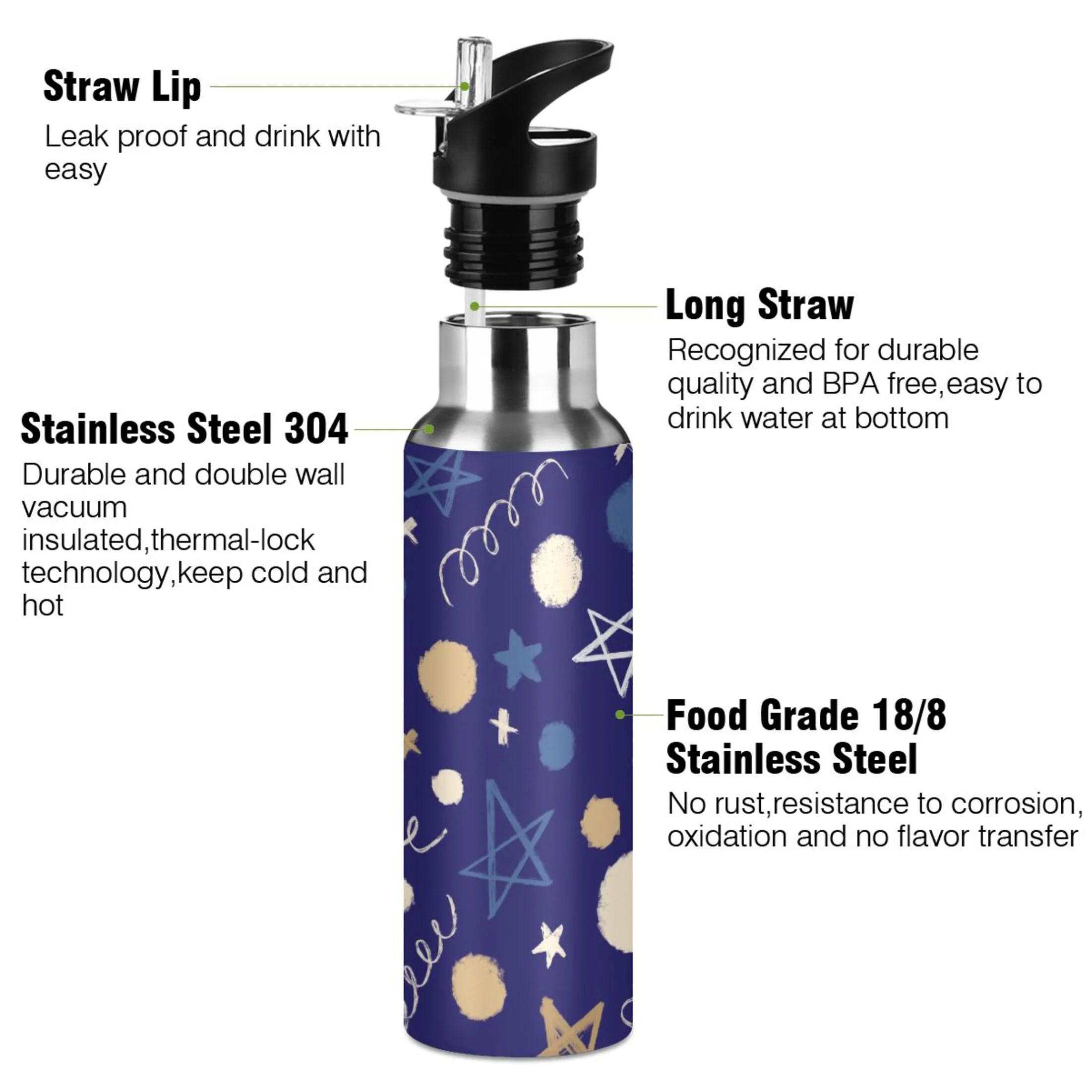 Water Bottle with Straw Lid Leak Star Moon Polka Dots Stainless Steel Insulated Thermos Vacuum Flask for Cold Hot Drinking for Sports Camping Gym Yoga