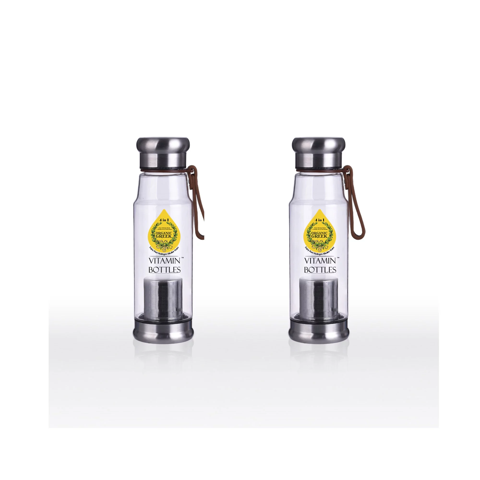 Organic Greek Vitamin Bottles. Hydrogen Alkaline Generator Water + Filter 4 in 1 Design 500mL (16.9 FL OZ) Pack of 2