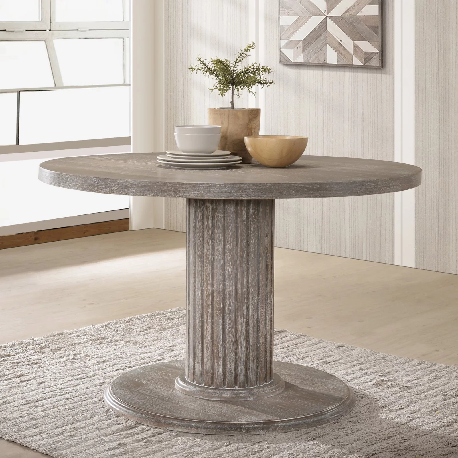 Ferran Wood Pedestal Dining Table Set in Reclaimed Gray