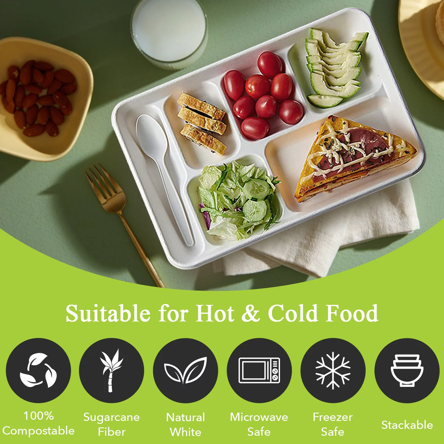 Three Leaf 6 Compartment Bagasse Tray 50 CT. Heavy-Duty Super Strong White Eco-Friendly Disposable