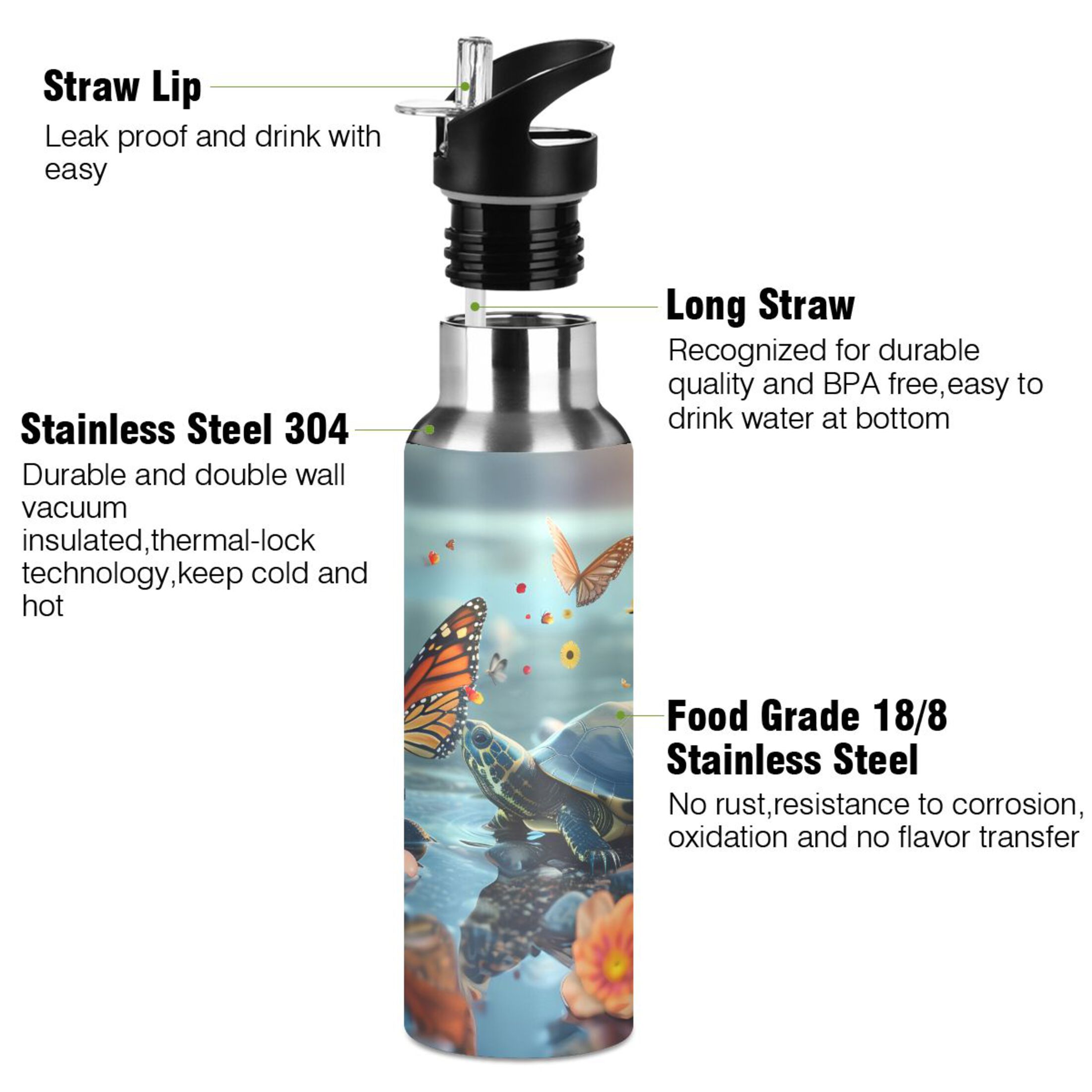 Butterflies Turtle Landscape Water Bottles Insulated Thermos Kids Stainless Steel Bottle with Straw Lid Flask Leakproof for Sports Gym 20 oz