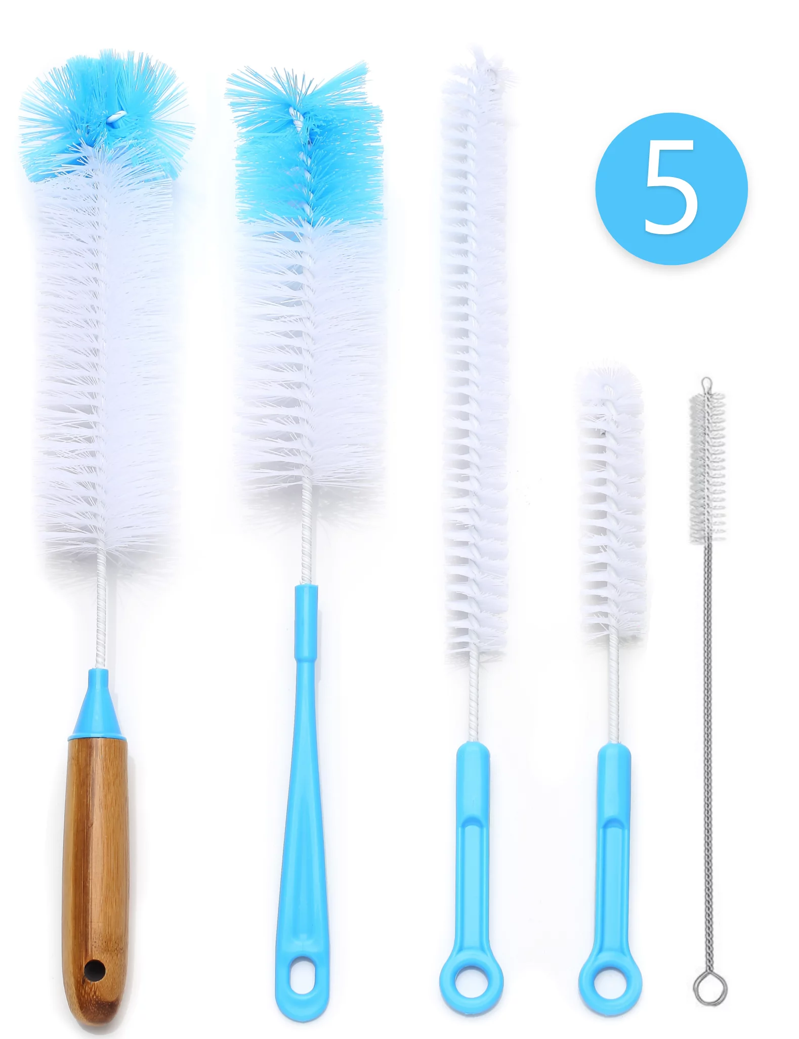 Bottle Brush 5 Pack Cleaner Set - Straw Cleaning Brush & Long Water Bottle Scrub Brushes for Washing Baby Bottles, Tumblers, Pipes, Kitchen & Beer Brewing