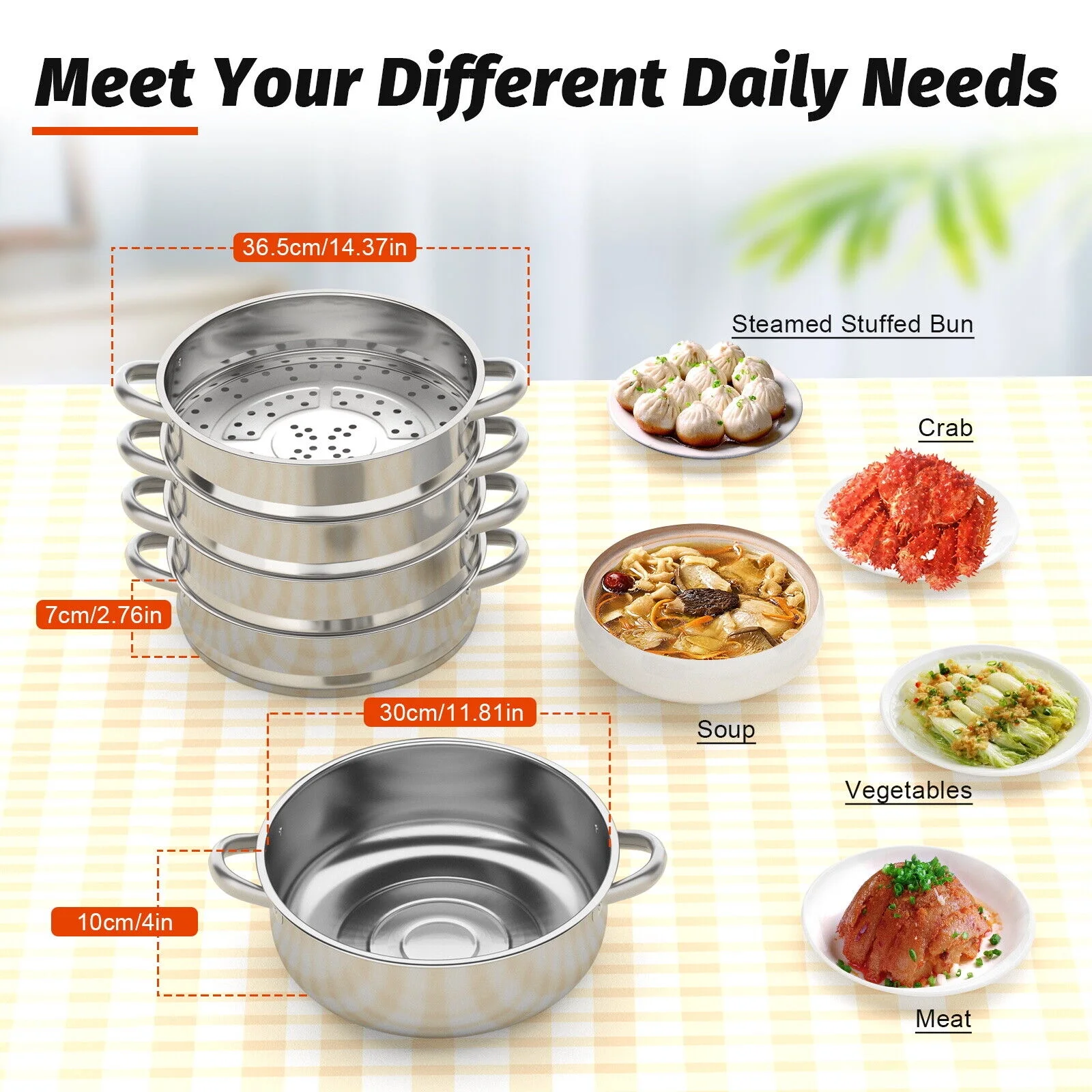 5 Tier Steamer Cooker Steam Pot Food Cooking Hot Pot Stainless Steel with Glass Lid