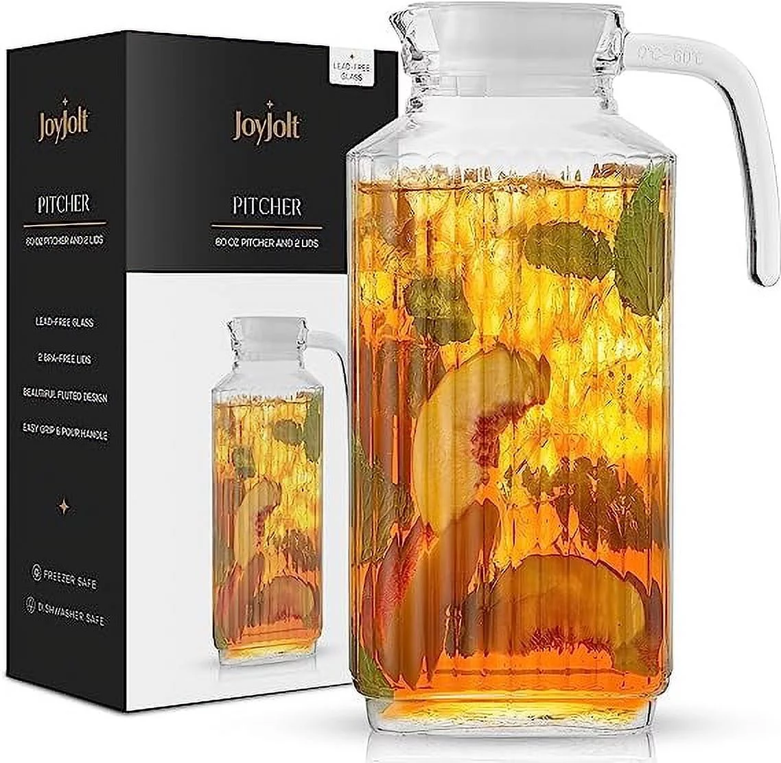 JoyJolt Beverage Dispenser Glass Pitcher with Handle & 2 Lids - 60 oz