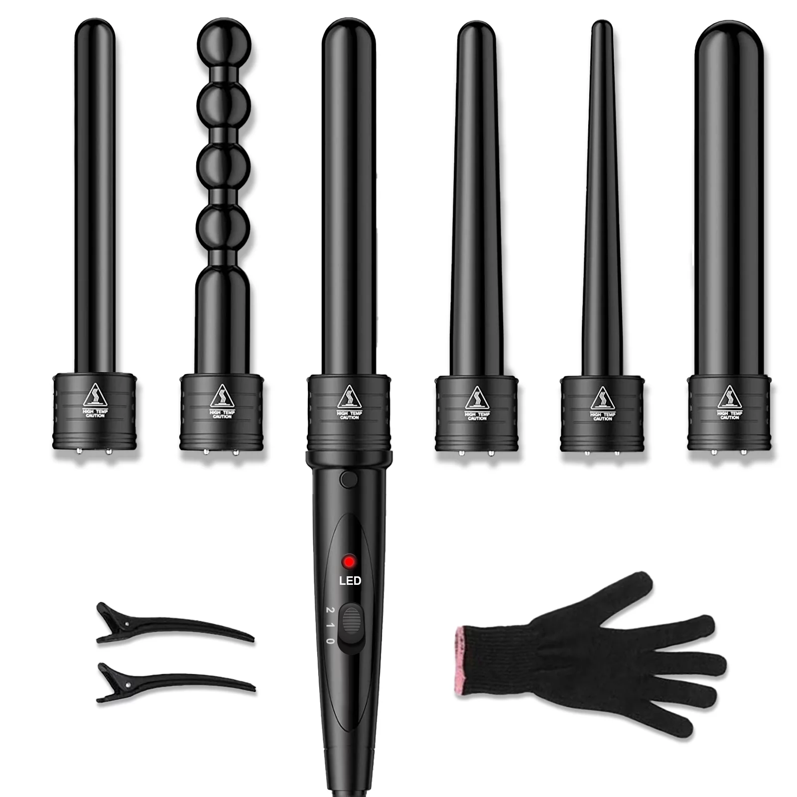 6-IN-1 Curling Iron Professional Curling Wand Set Instant Heat Up Hair Curler with 6 Interchangeable Ceramic Barrels (0.35'' to 1.25'') with Heat Protective Glove & 2 Clips