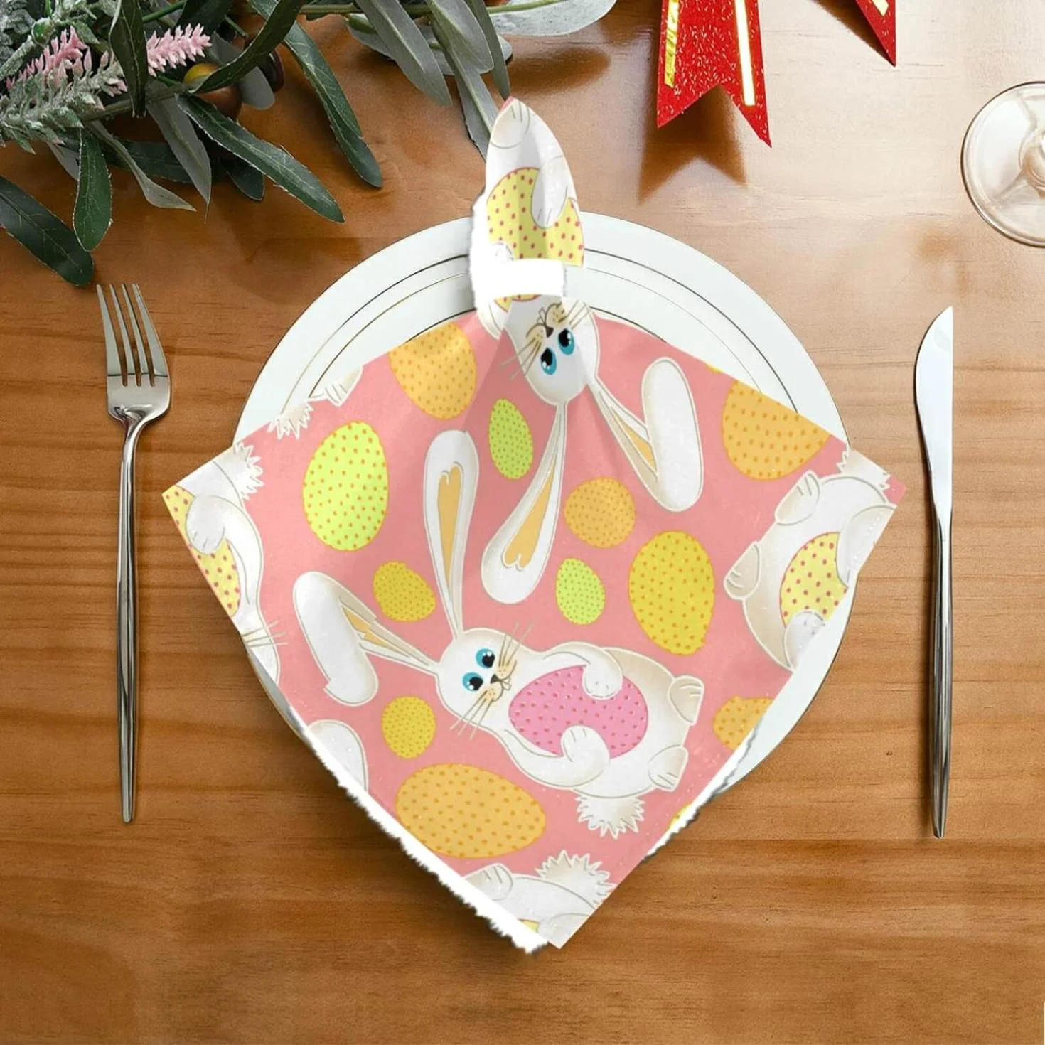 Dreamtimes Easter Cloth Napkins 6PCS,Cute Bunny White Rabbit Easter Colorful Eggs Soft and Skin Friendly Dinner Napkins Washable for Dinner, Hotel,Reunion,BBQ Party
