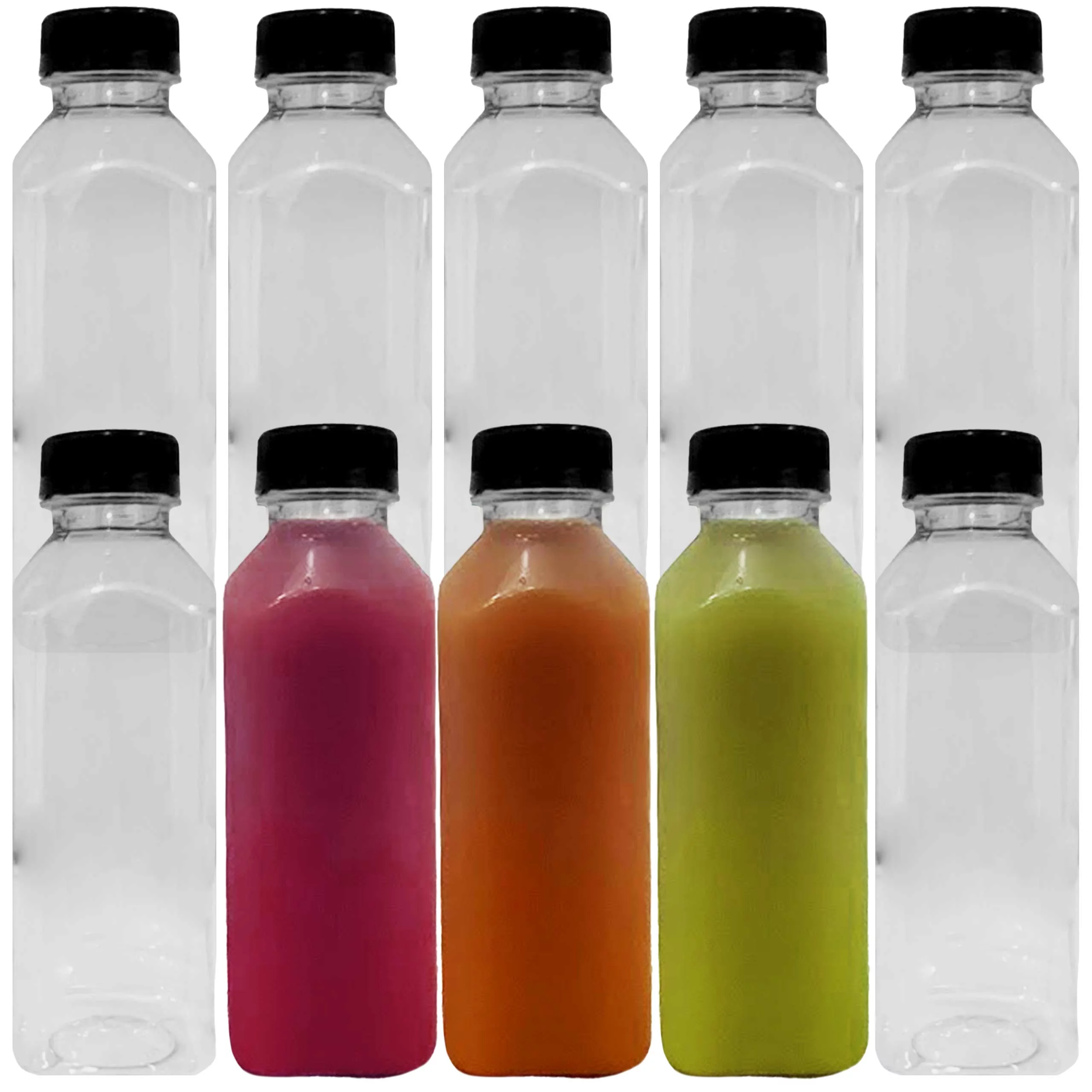 Avant Grub 16.9 fl oz Clear Reusable, Empty Plastic Juice Bottles with Lids, 10 Pack