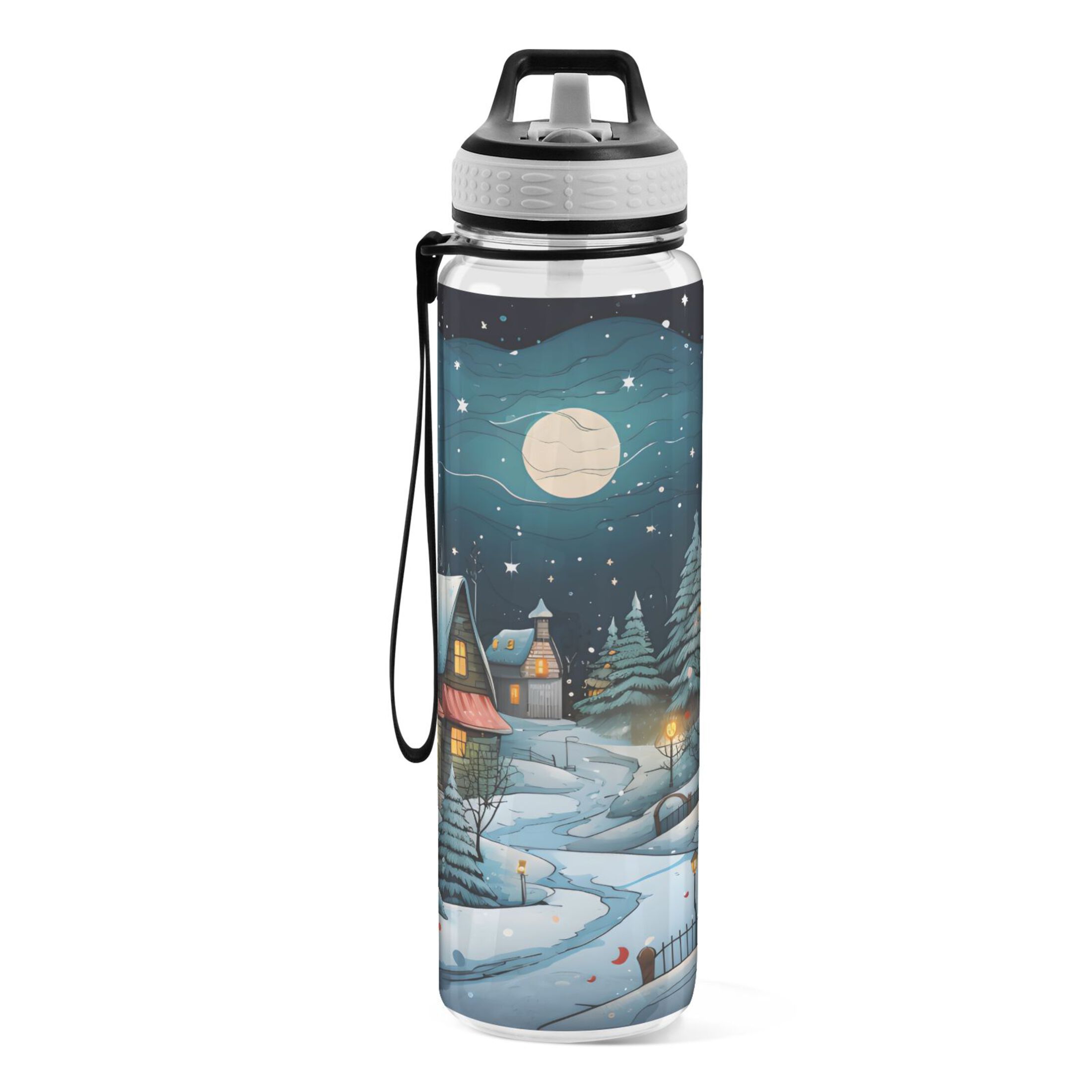 Winter Houses and Moon 32oz Water Bottles with Straw Tritan Leakproof Sports Bottle BPA Free Clear for Fitness Gym Swimming Cycling
