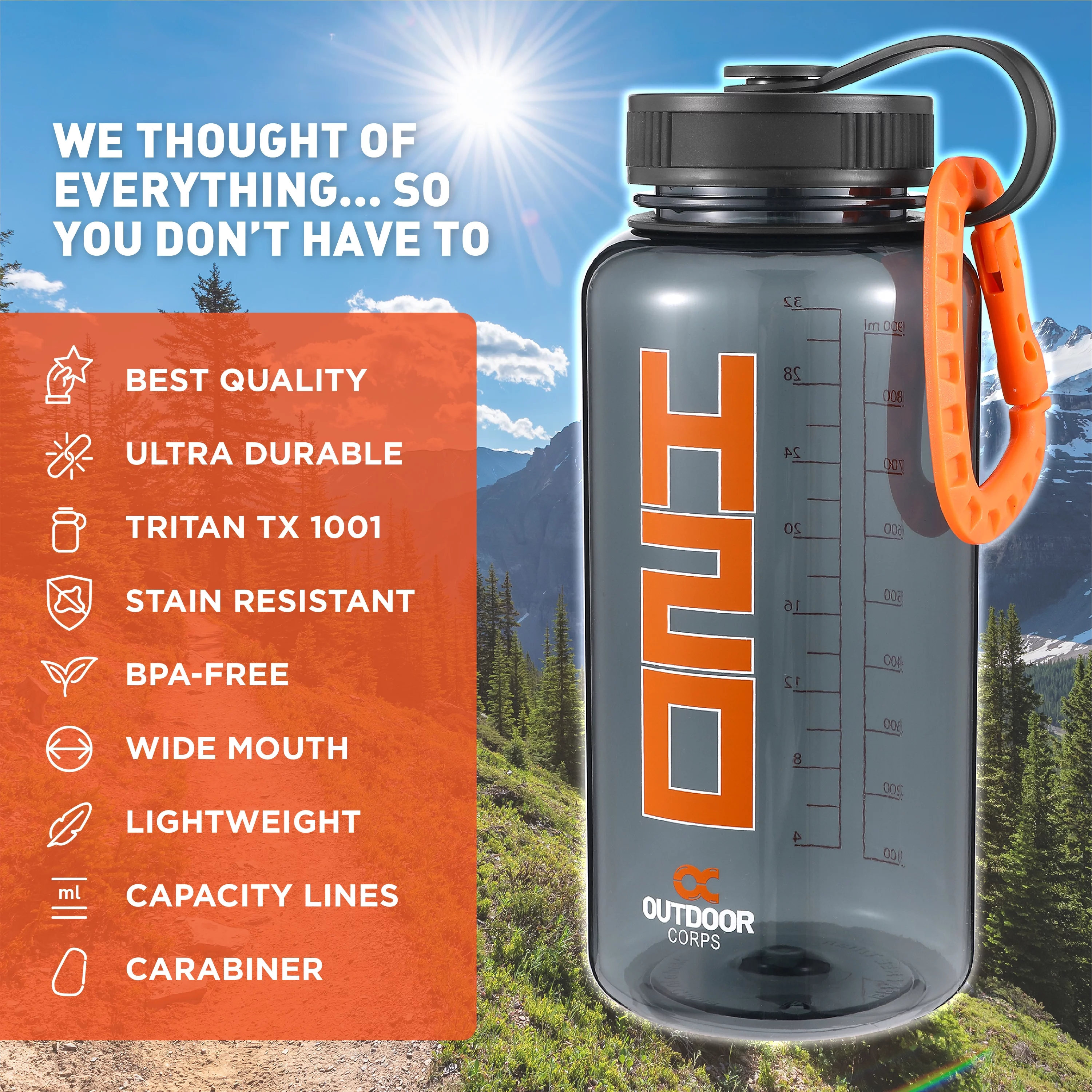 OUTDOOR CORPS Widemouth Tritan TX 1001 Water Bottle With Durable Carabiner