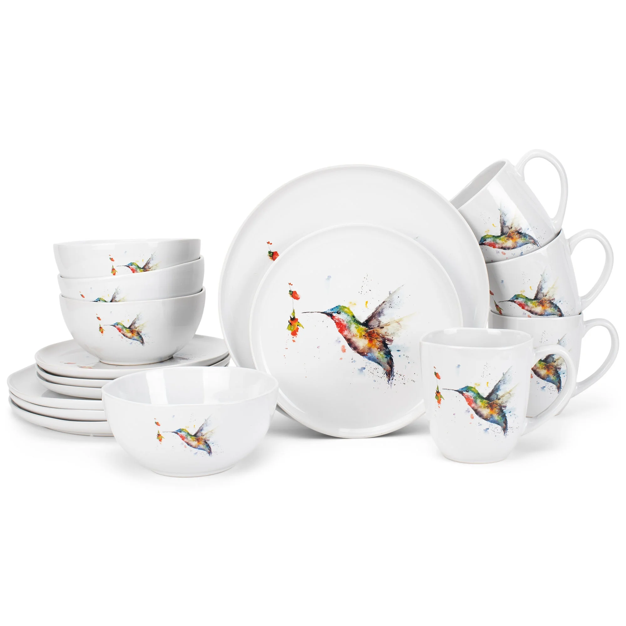 Nat & Jules Dean Crouser Watercolor Ceramic Dinnerware 16 Piece Set - Service for 4, Hummingbird