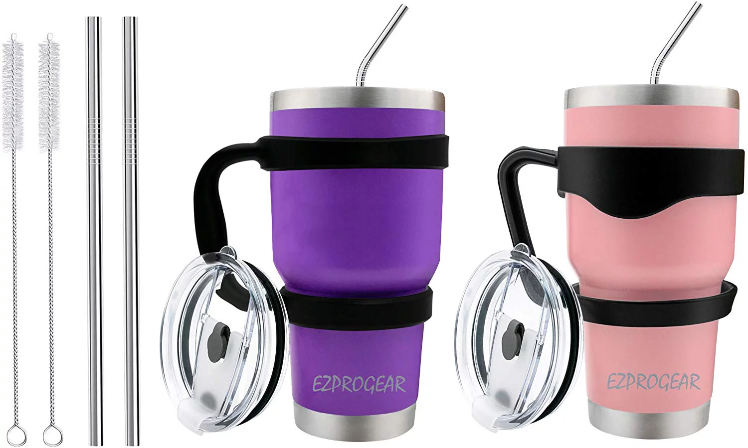 Ezprogear 30 oz 2 Pack Stainless Steel Tumbler Double Wall Vacuum Insulated Coffee Cup Travel Mug with Handle & Straws (Pink & Purple)