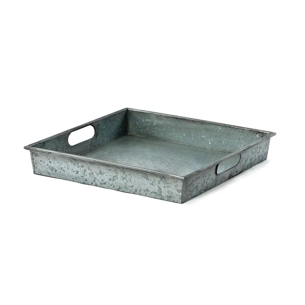 Benzara Square Galvanized Metal Tray With Handle Gray- Saltoro Sherpi
