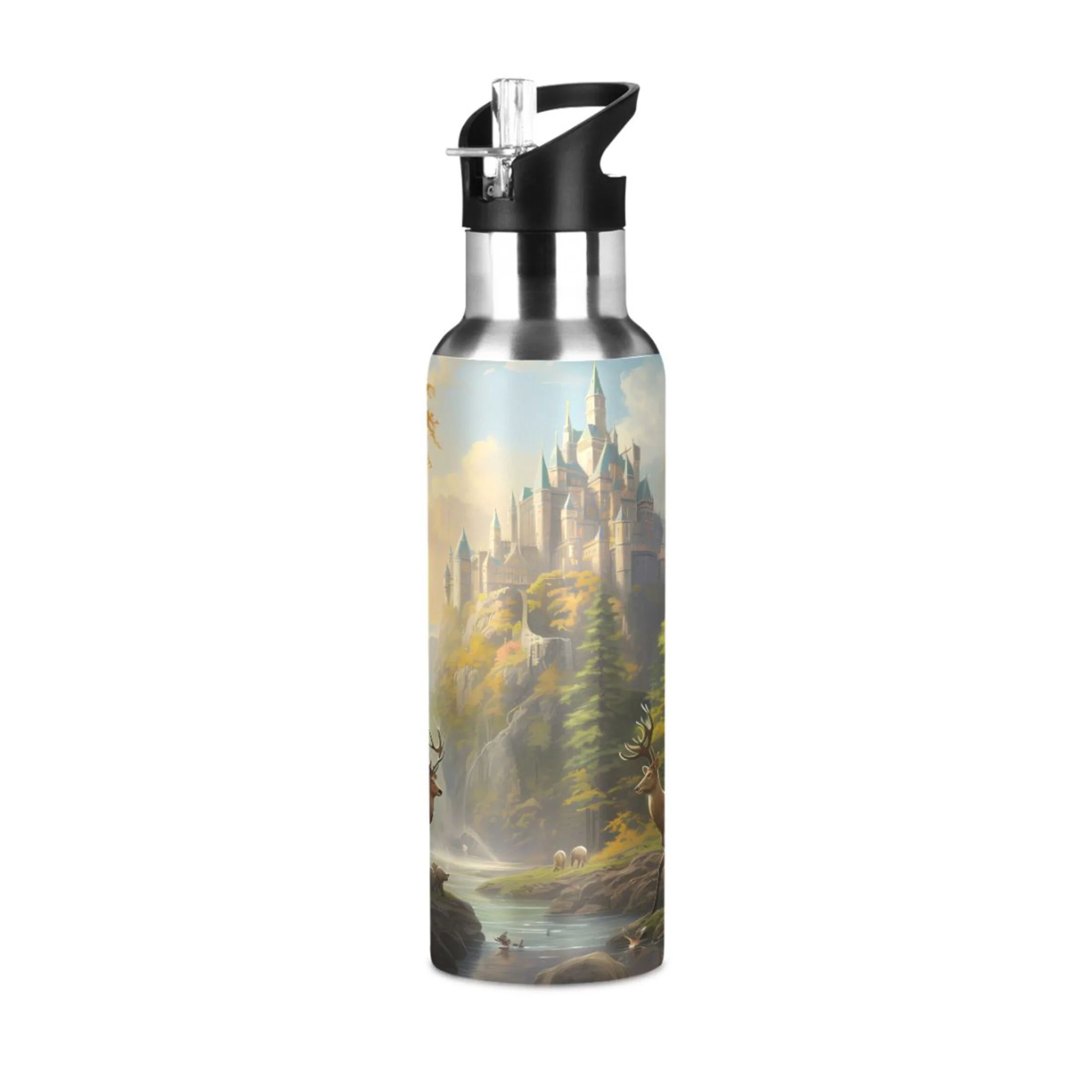 Water Bottle with Straw Lid Leak Deers in Magic Landscape Stainless Steel Insulated Thermos Vacuum Flask for Cold Hot Drinking for Sports Camping Gym Yoga