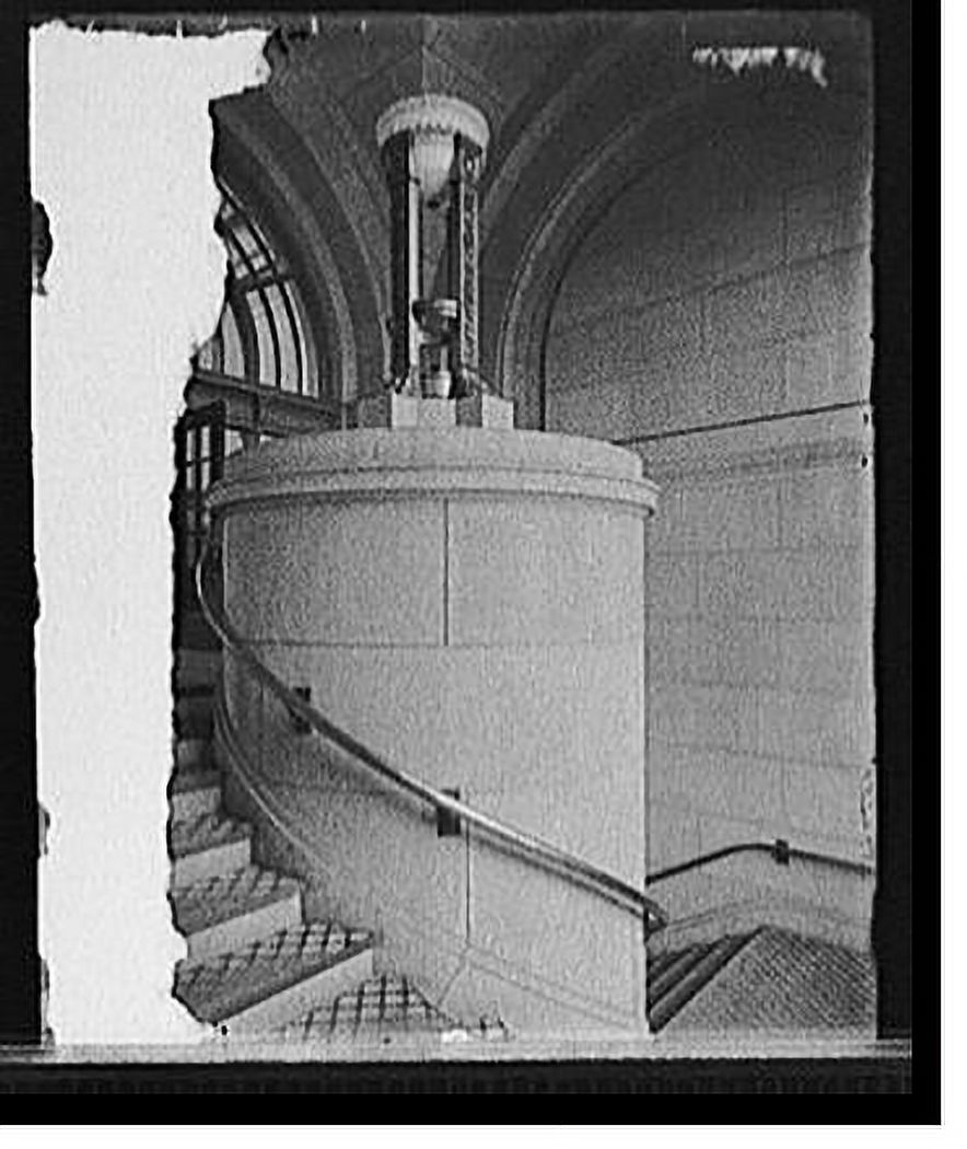 Historic Framed Print, [Alabaster lamps, vestibule, stairs, Chicago & North Western Railway station, Chicago, Ill.], 17-7/8