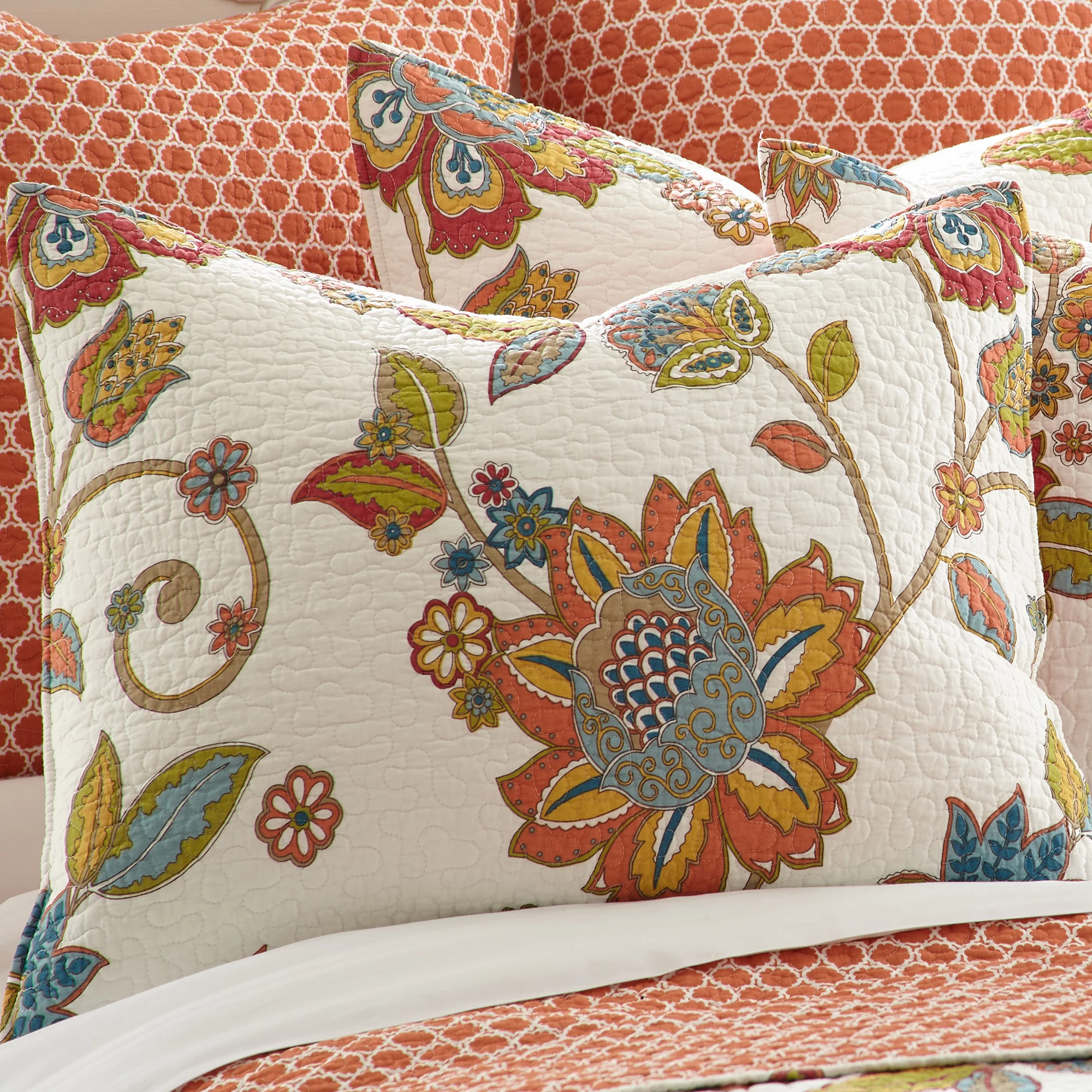 Levtex Home - Clementine Quilt Set - King Quilt + Two King Pillow Shams - Floral - Orange , Yellow, Teal, Ivory - Quilt (106x92in.) and Pillow Shams (36x20in. ) - Reversible - Cotton Fabric
