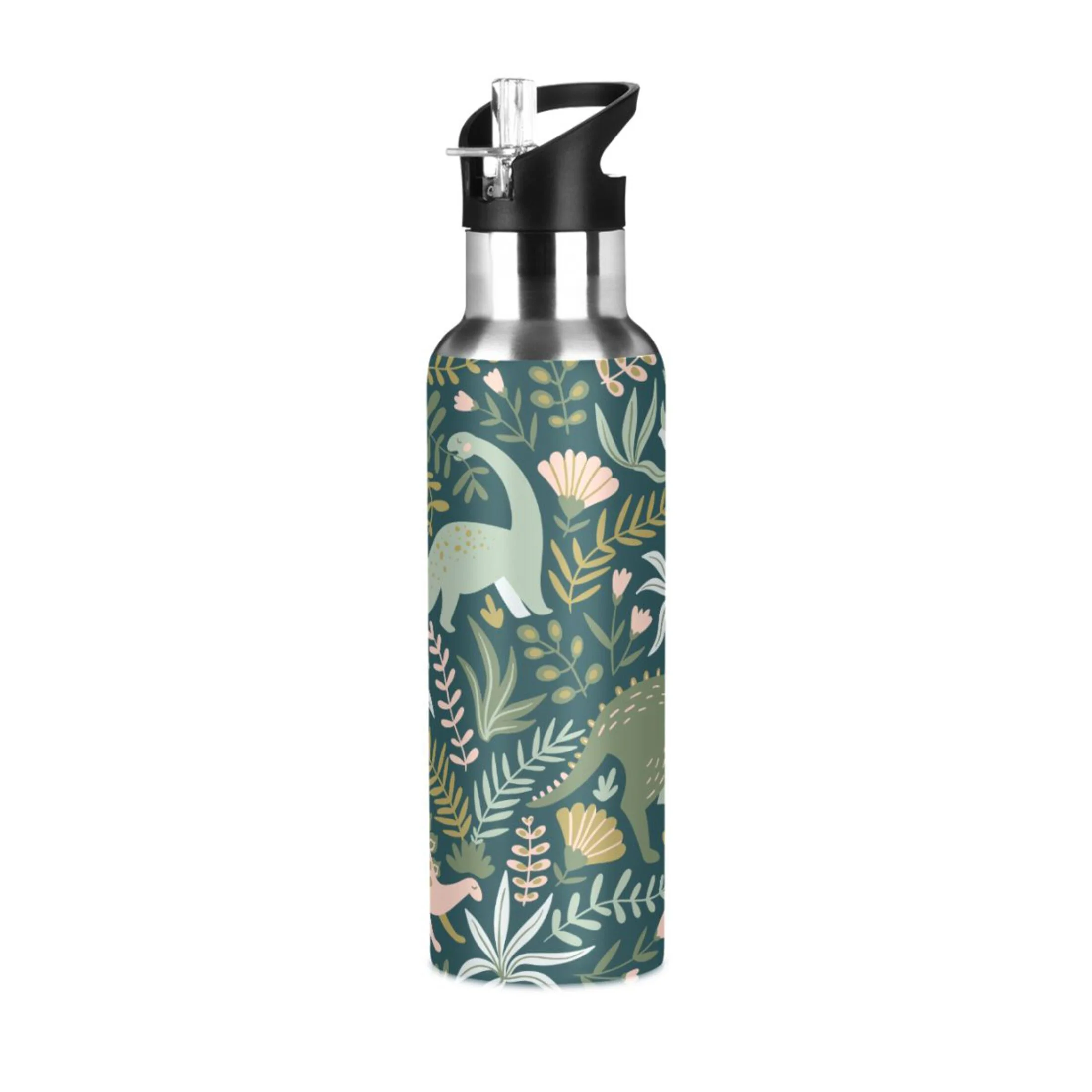 Water Bottle with Straw Lid Leak Dinosaur Green Stainless Steel Insulated Thermos Vacuum Flask for Cold Hot Drinking for Sports Camping Gym Yoga