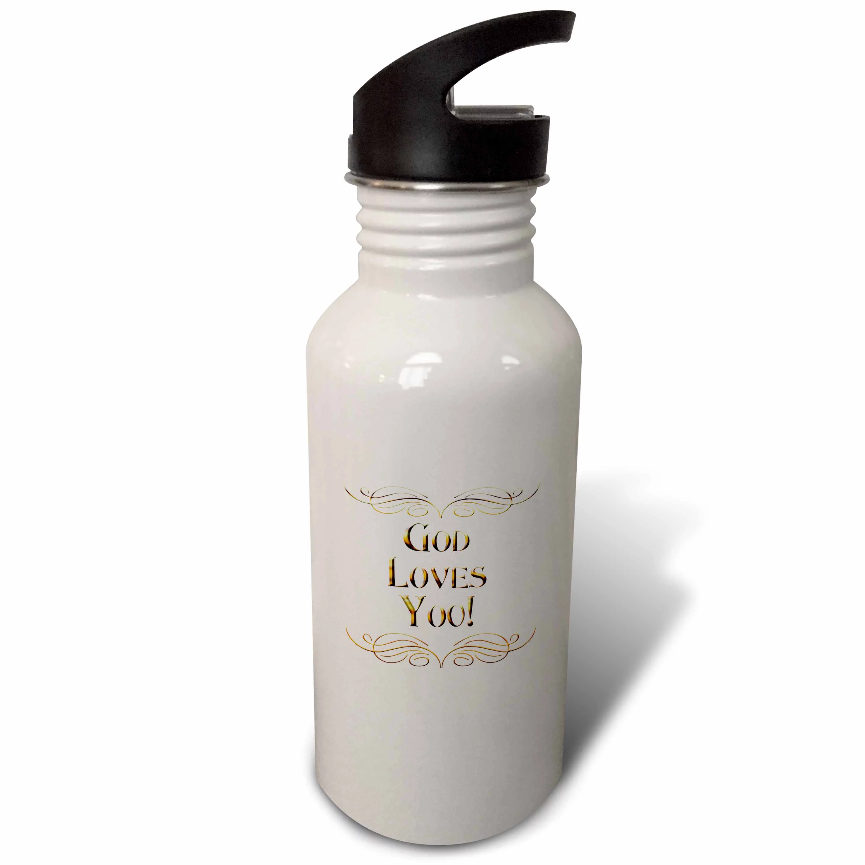 God Loves You in elegant golden type on a creme background.  21 oz Sports Water Bottle wb-99113-1