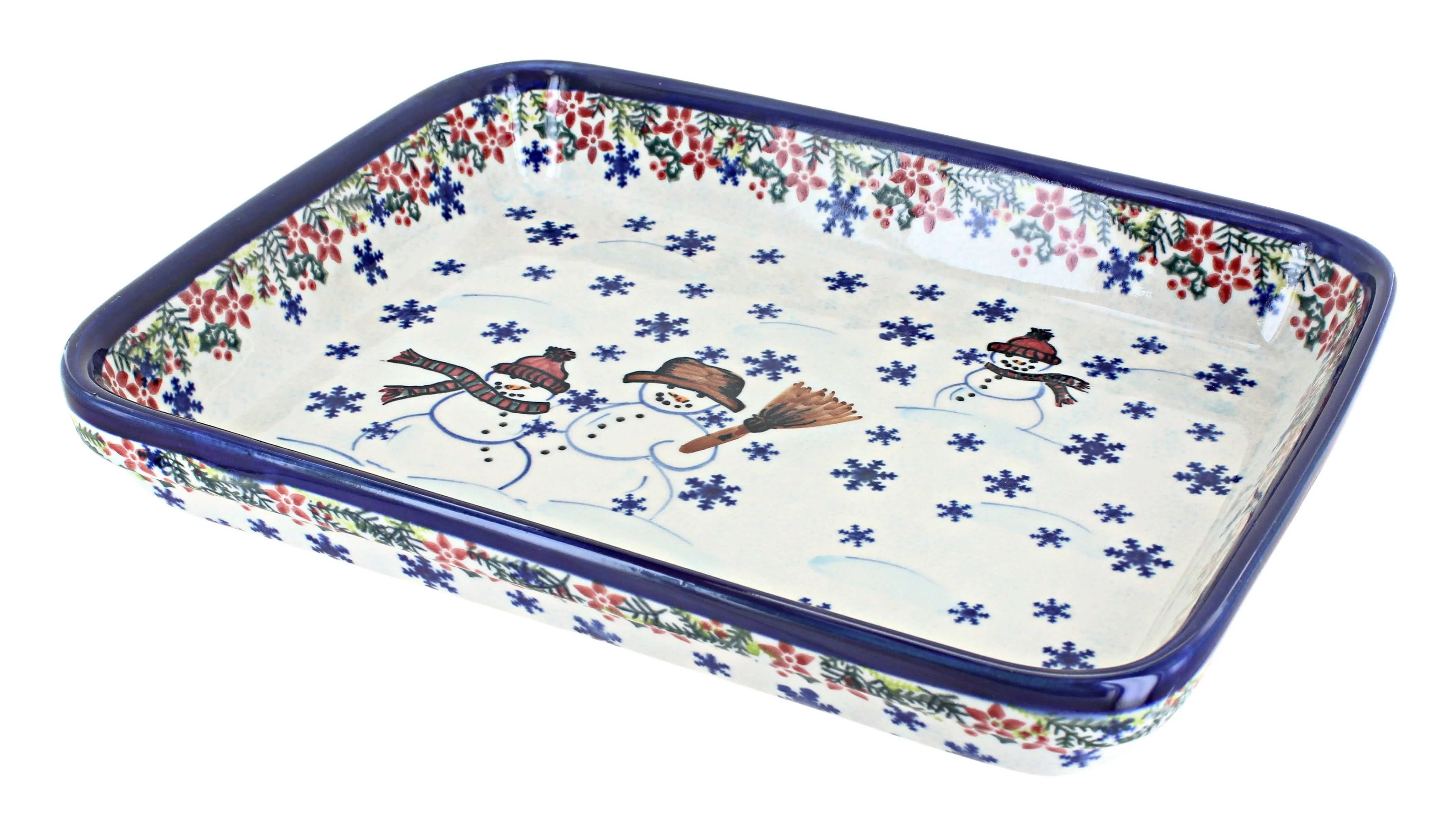 Blue Rose Polish Pottery Snowflake Friends Large Rectangular Baker