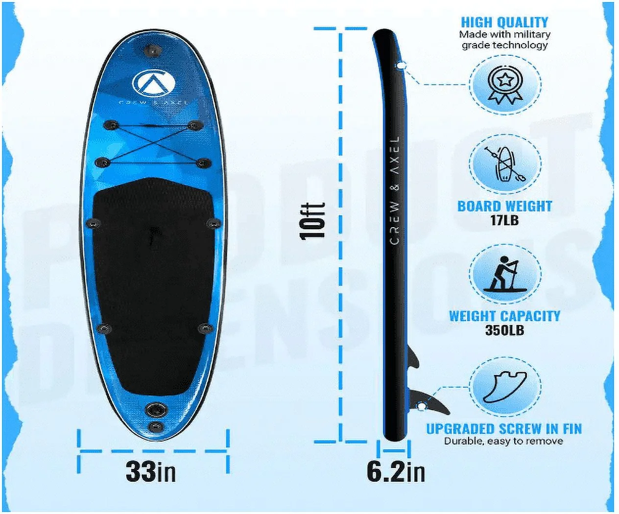 Inflatable Stand Up Paddle Board Non Slip SUP W Backpack, 3 Fins, Paddle, Pump (10 ft. x 33 in. x 6.2 in.) 17 lbs. Blue