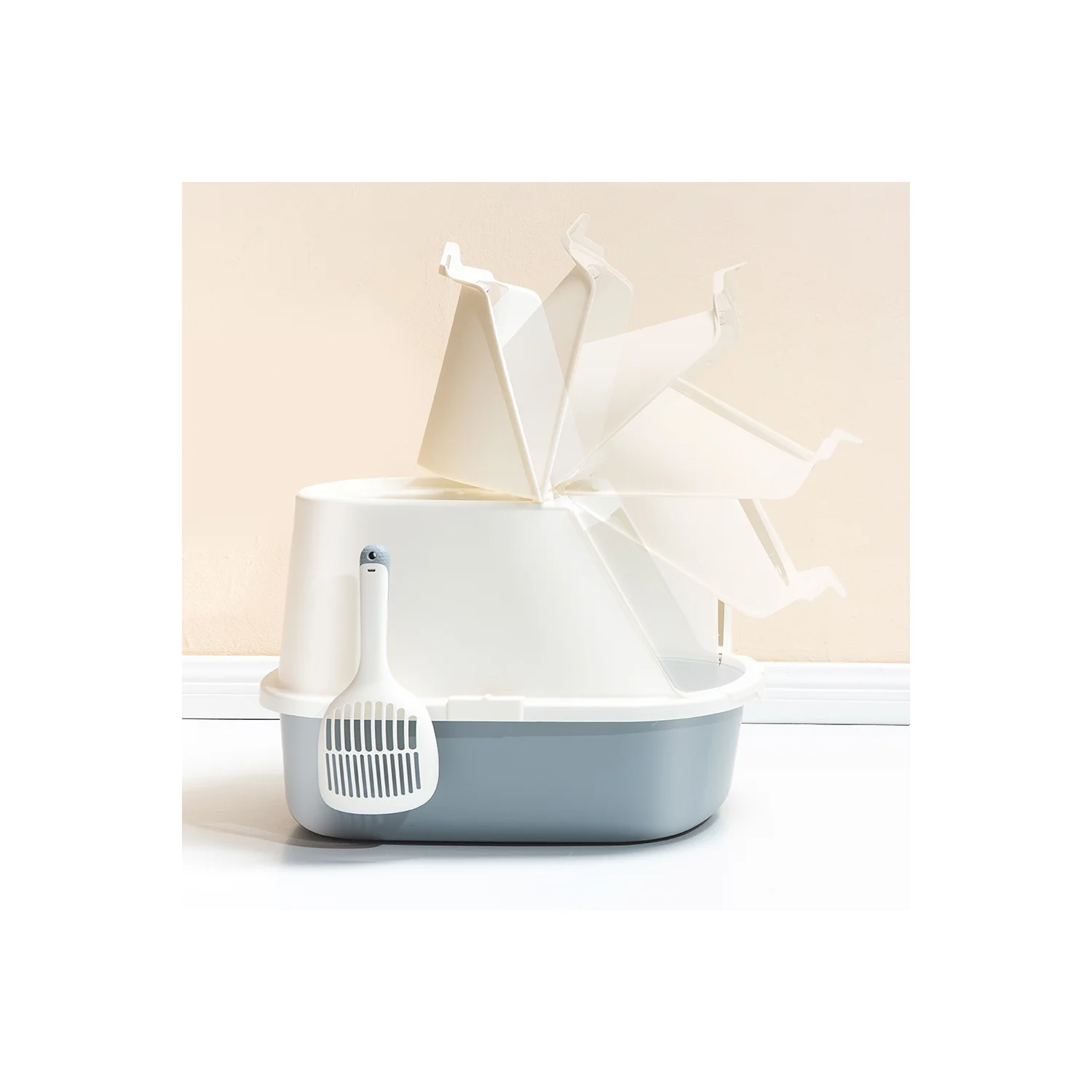 HANAMYA Flip-Top Jumbo Cat Litter Box with Scoop, Front Entry and Top Exit, White&Gray