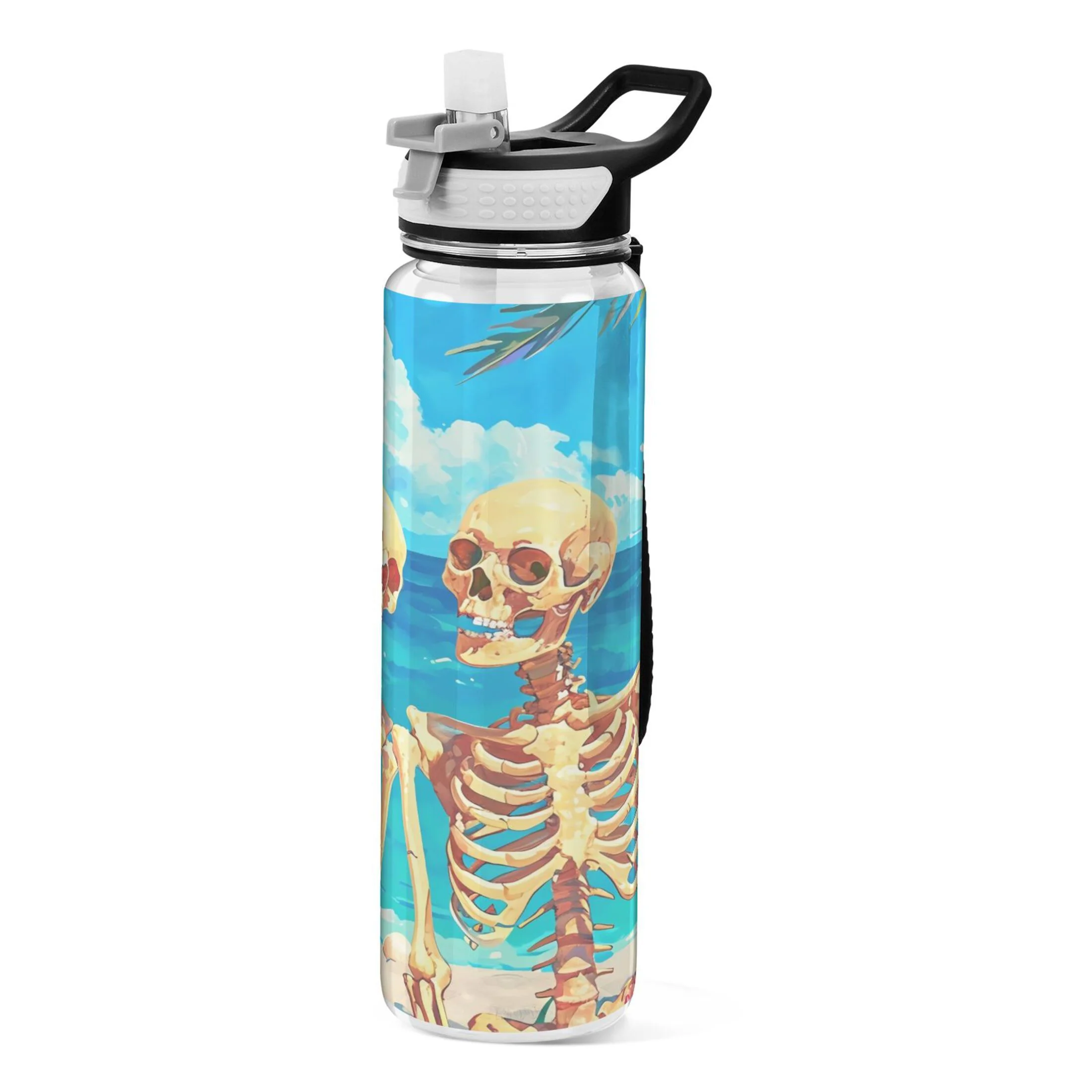 Retro Summer Skeleton 32oz Sports Water Bottles Leakproof Tritan Bottle with Straw BPA Free Clear Bottle for Fitness Gym Outdoor Cycling