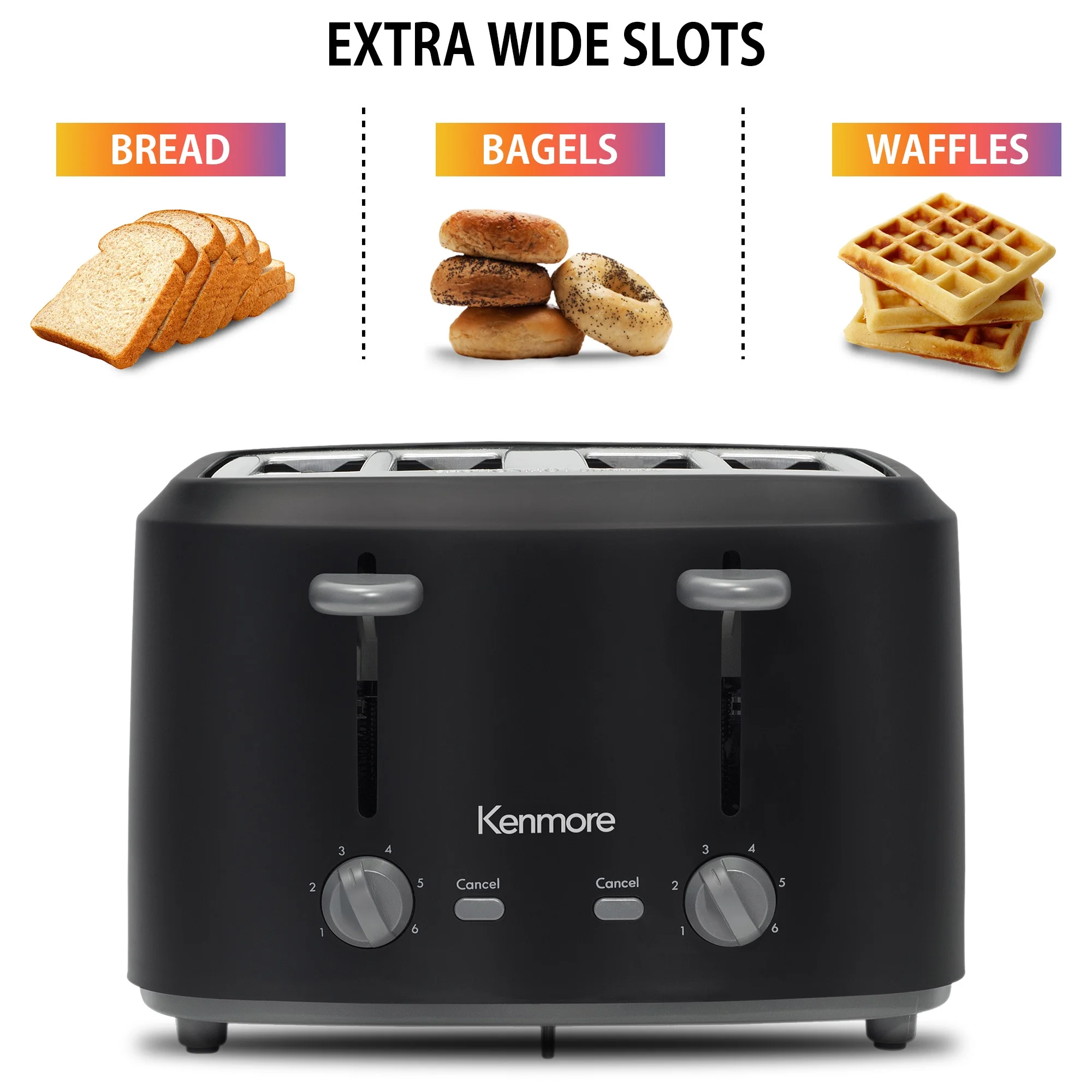 Kenmore 4-Slice Steel Toaster, Matte Black and gray, Dual Controls
