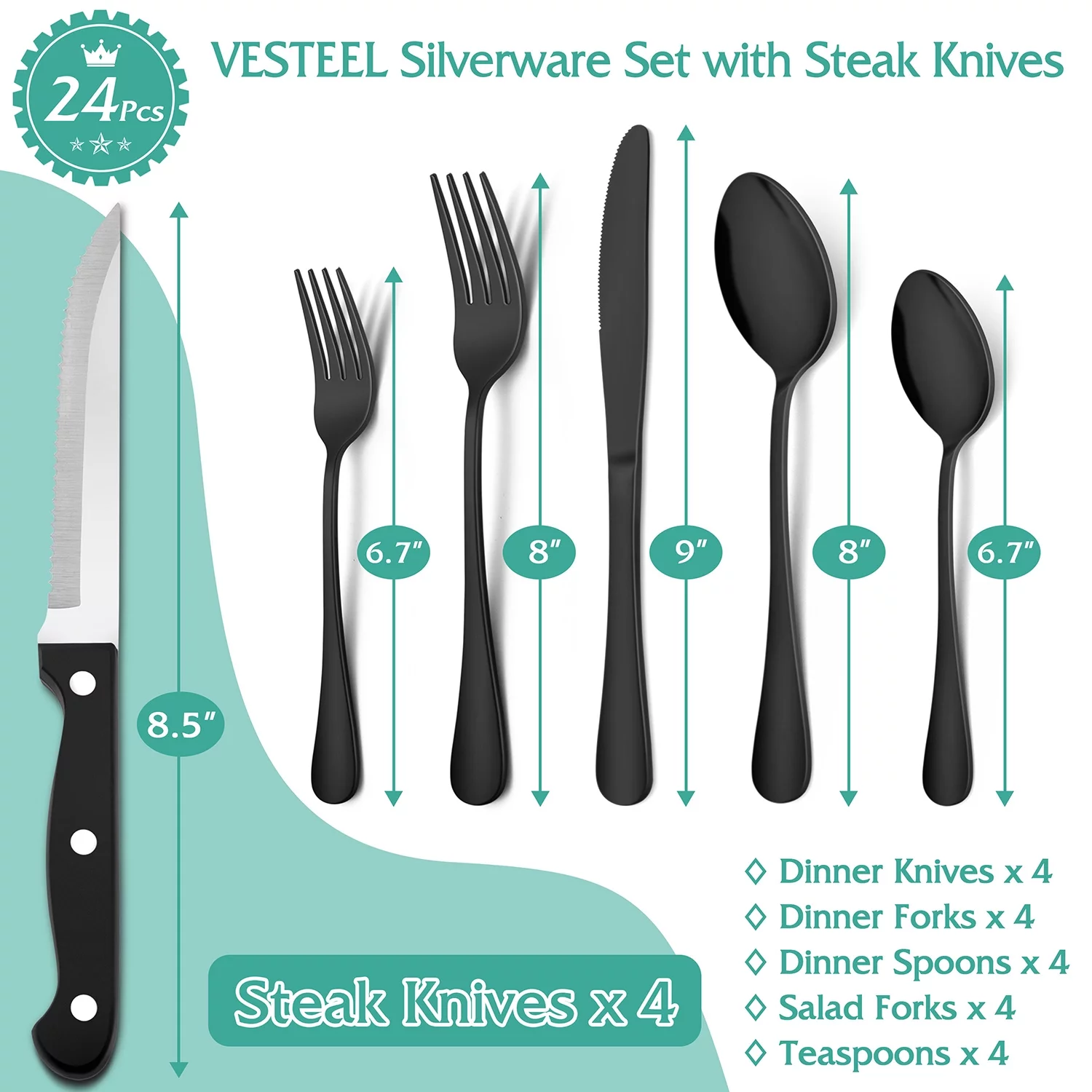 Vesteel 24 Pieces Black Silverware Set with Steak Knives, Stainless Steel Flatware Cutlery Set Service for 4, Mirror Finish and Dishwasher Safe