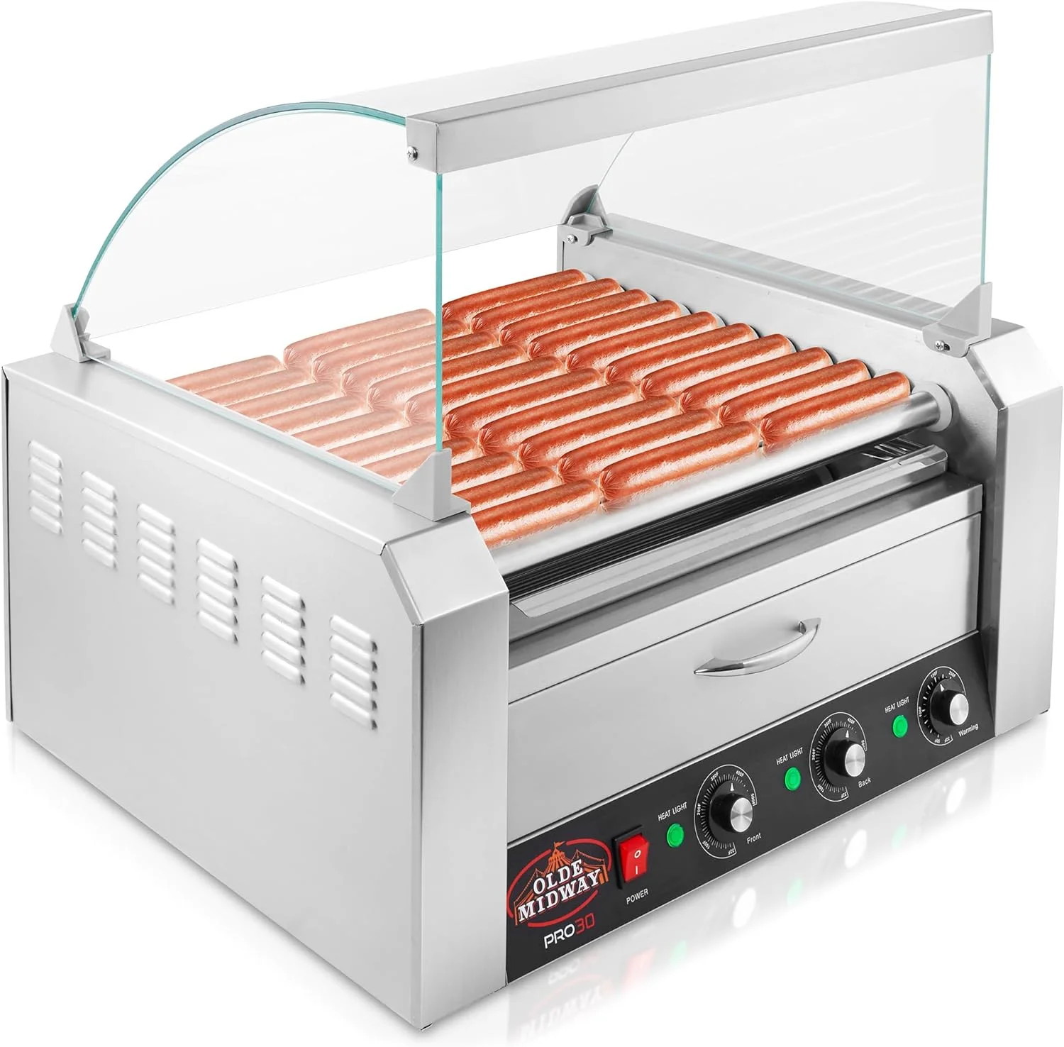 Electric 30 Hot Dog 11 Grill Cooker Machine With Bun Warming Drawer And Cover - Grade, Stainless Steel