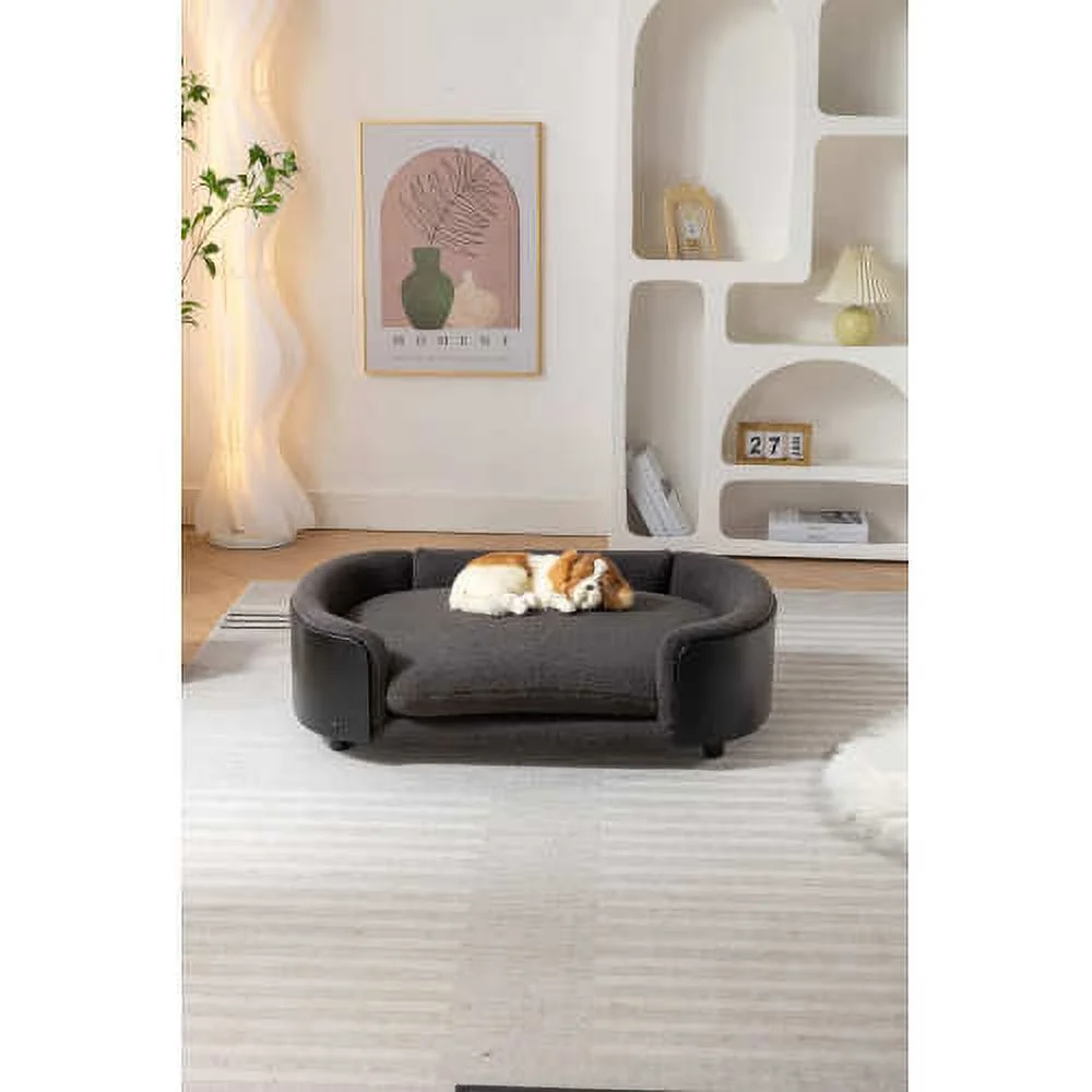 Scandinavian style Elevated Dog Bed Pet Sofa With Solid Wood legs and Black Bent Wood Back, Cashmere Cushion,Large Size