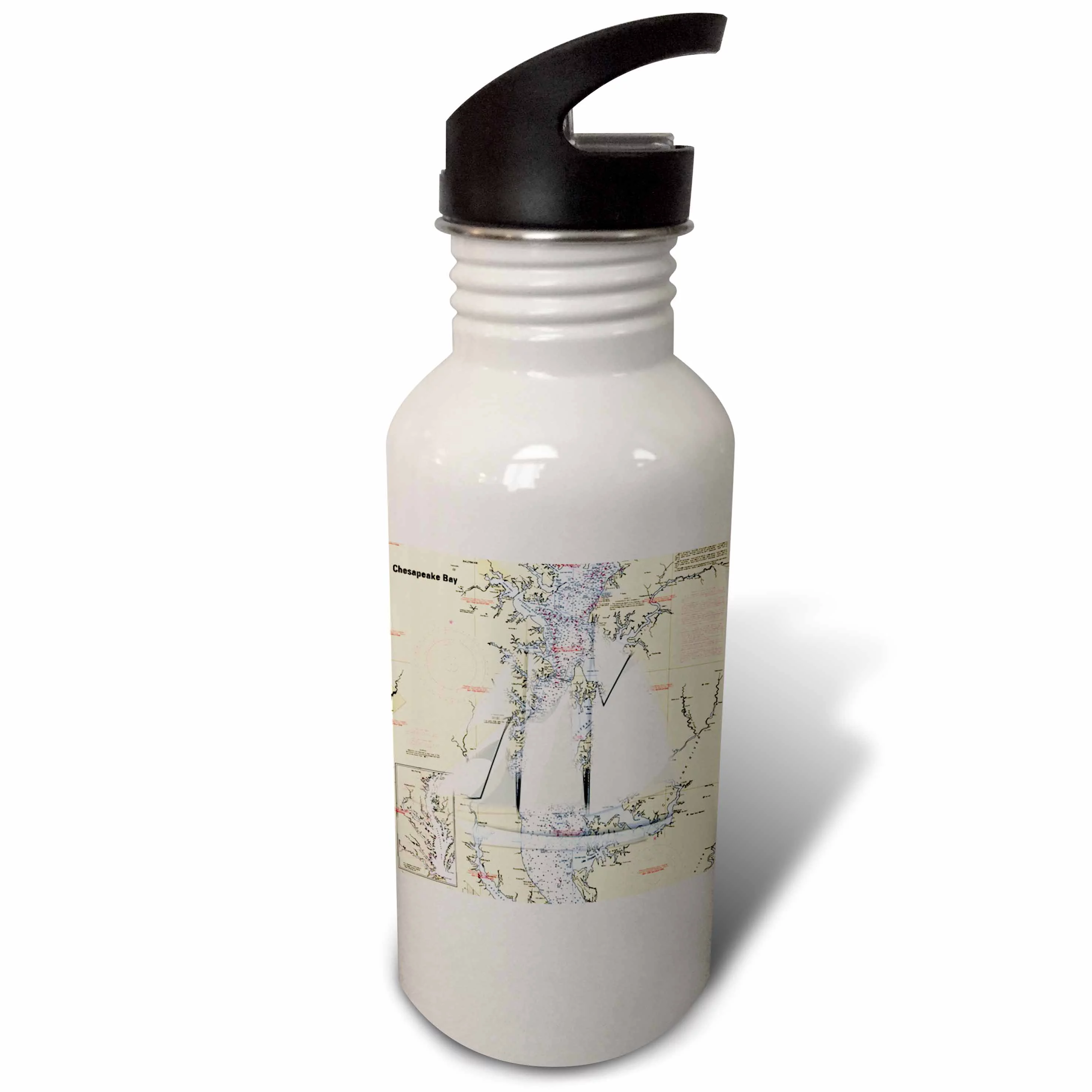 3dRose Print of Chart With Sailboat And Chesapeake Bay, Sports Water Bottle, 21oz